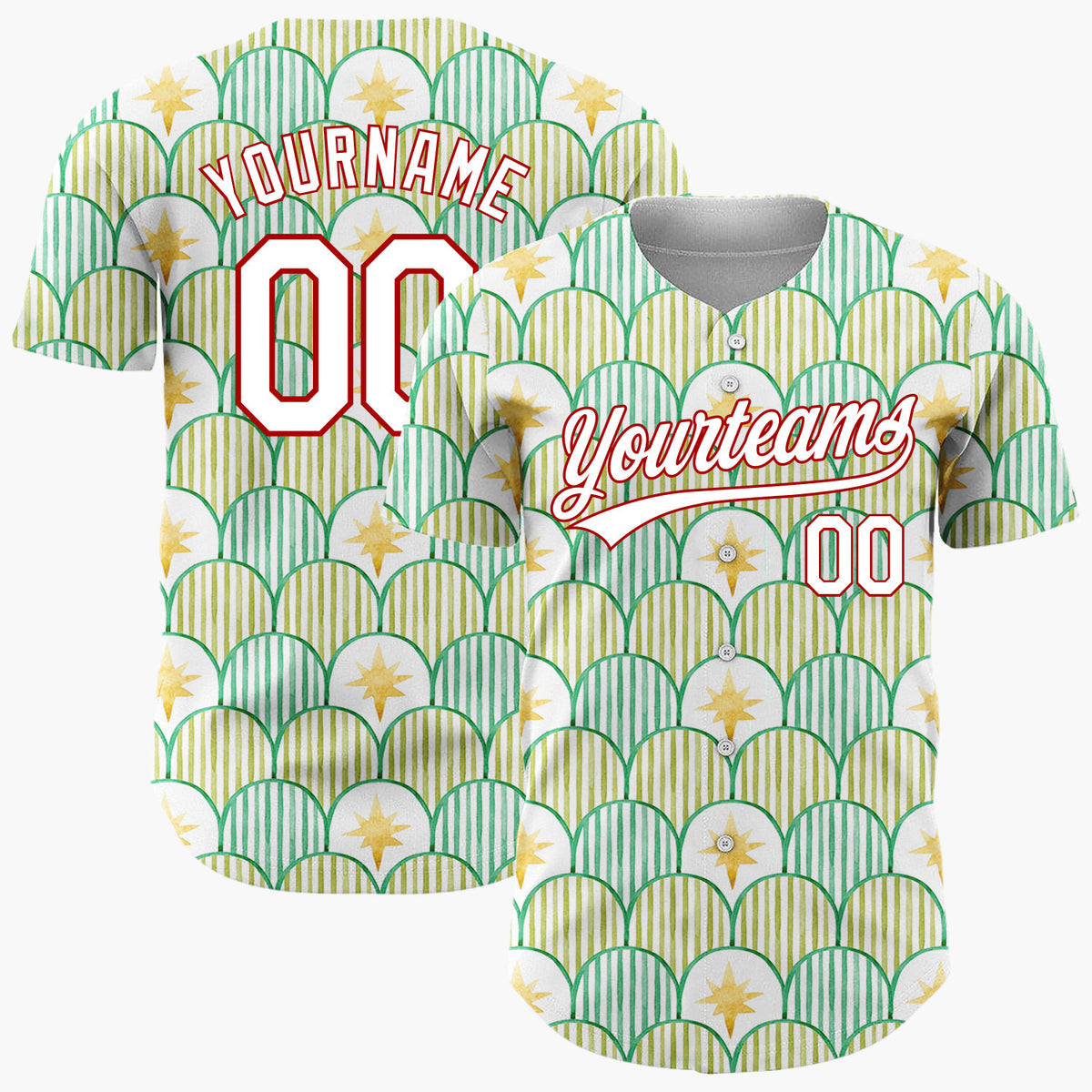 Custom White Green Scallop Scale And Star Watercolor Pattern Christmas Baseball Jersey