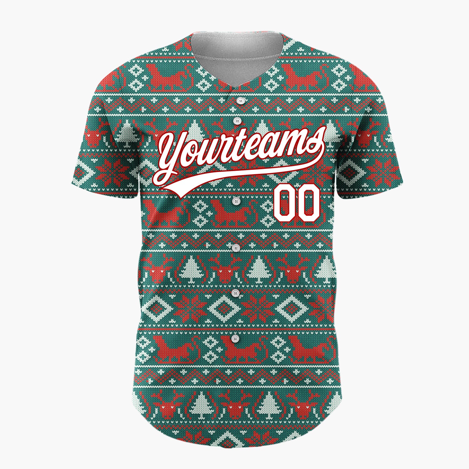 Custom Teal Red White Reindeer And Diamond Nordic Knit Pattern Christmas Baseball Jersey