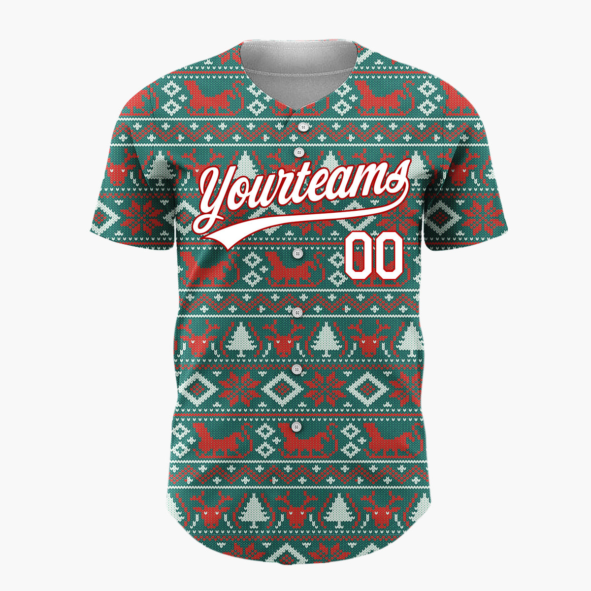 Custom Teal Red White Reindeer And Diamond Nordic Knit Pattern Christmas Baseball Jersey
