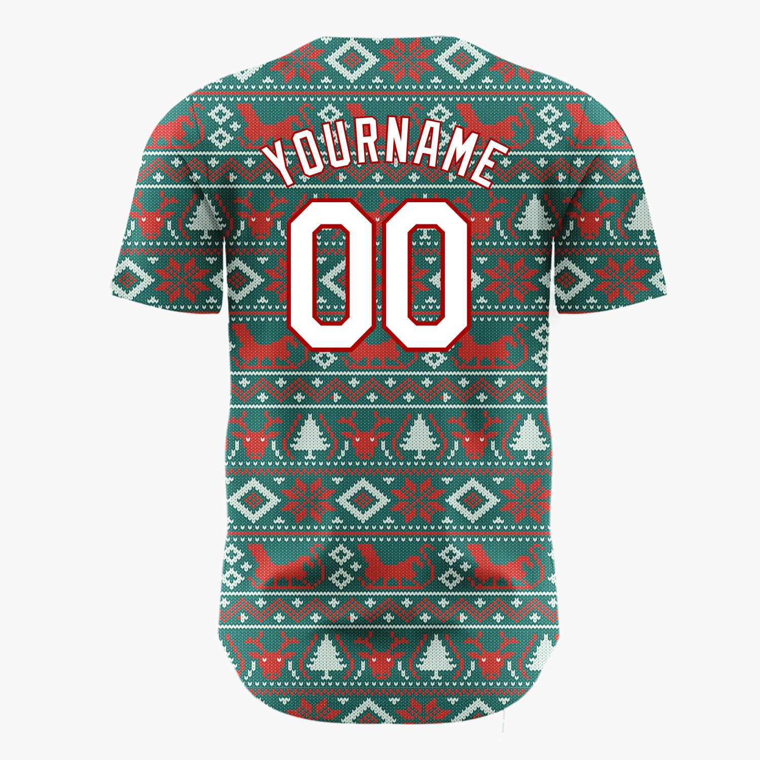 Custom Teal Red White Reindeer And Diamond Nordic Knit Pattern Christmas Baseball Jersey