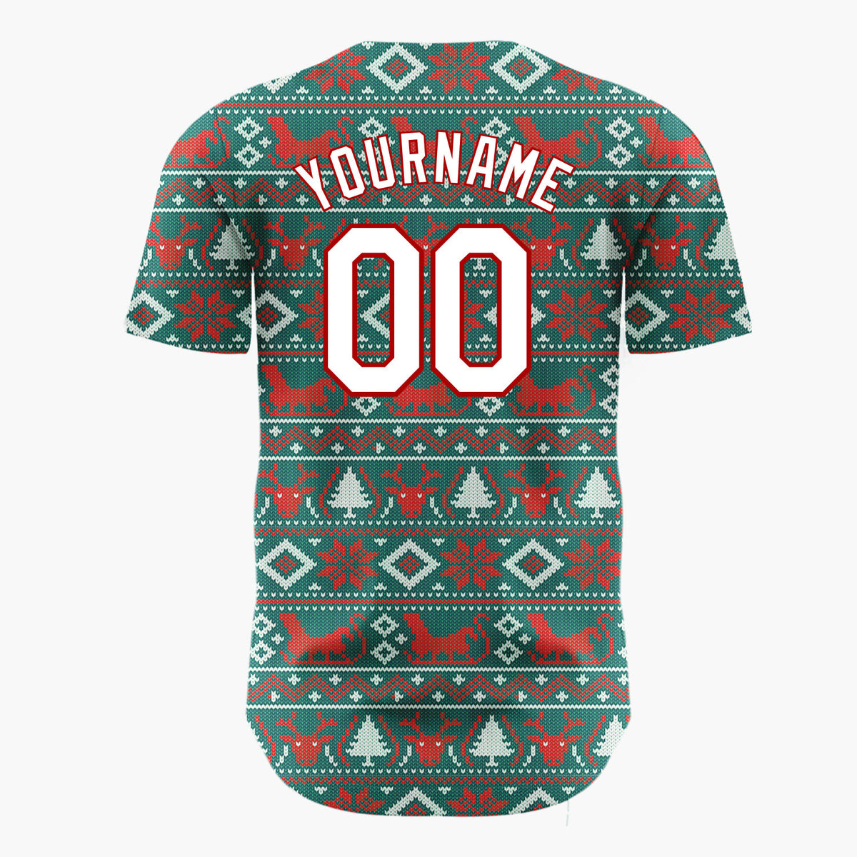 Custom Teal Red White Reindeer And Diamond Nordic Knit Pattern Christmas Baseball Jersey