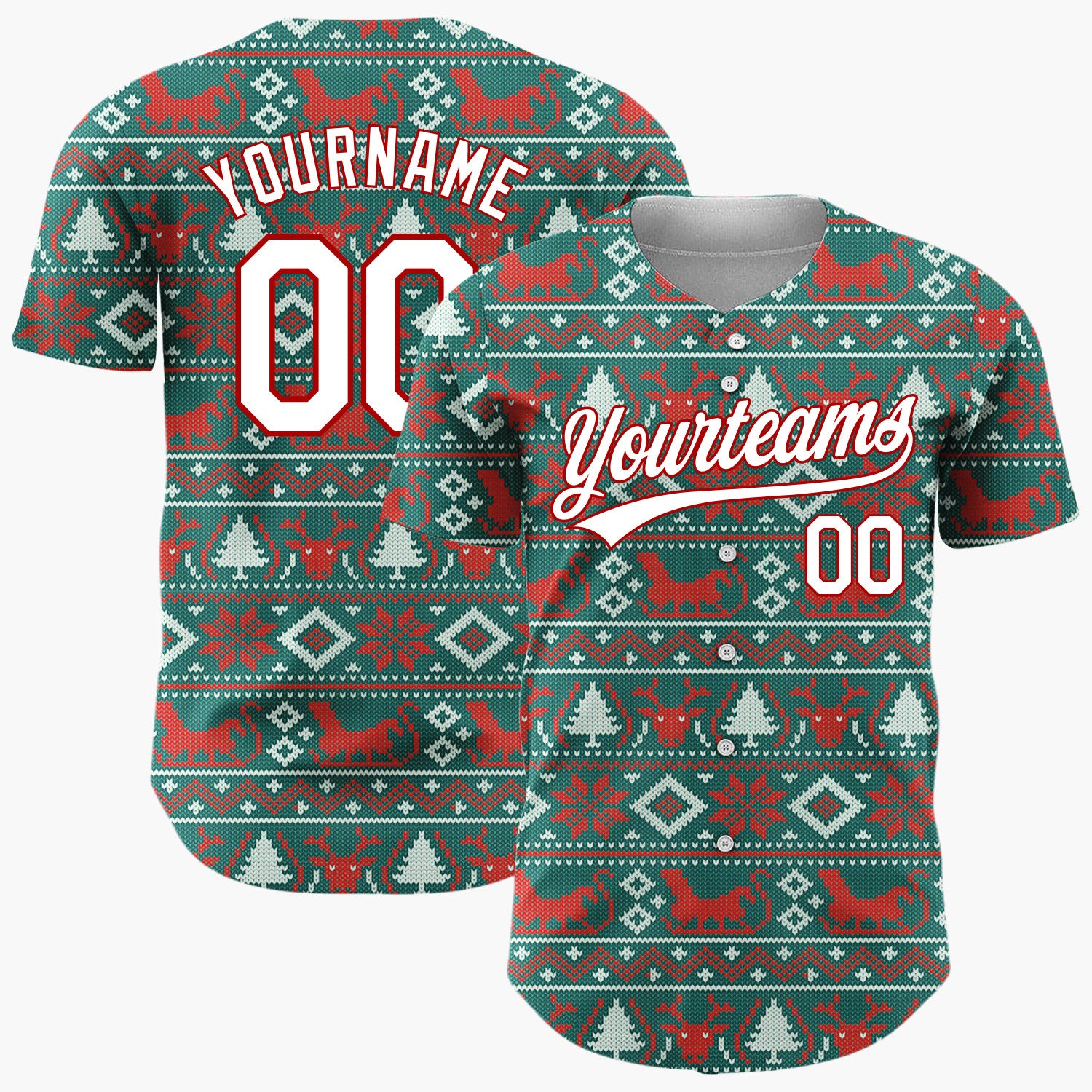 Custom Teal Red White Reindeer And Diamond Nordic Knit Pattern Christmas Baseball Jersey