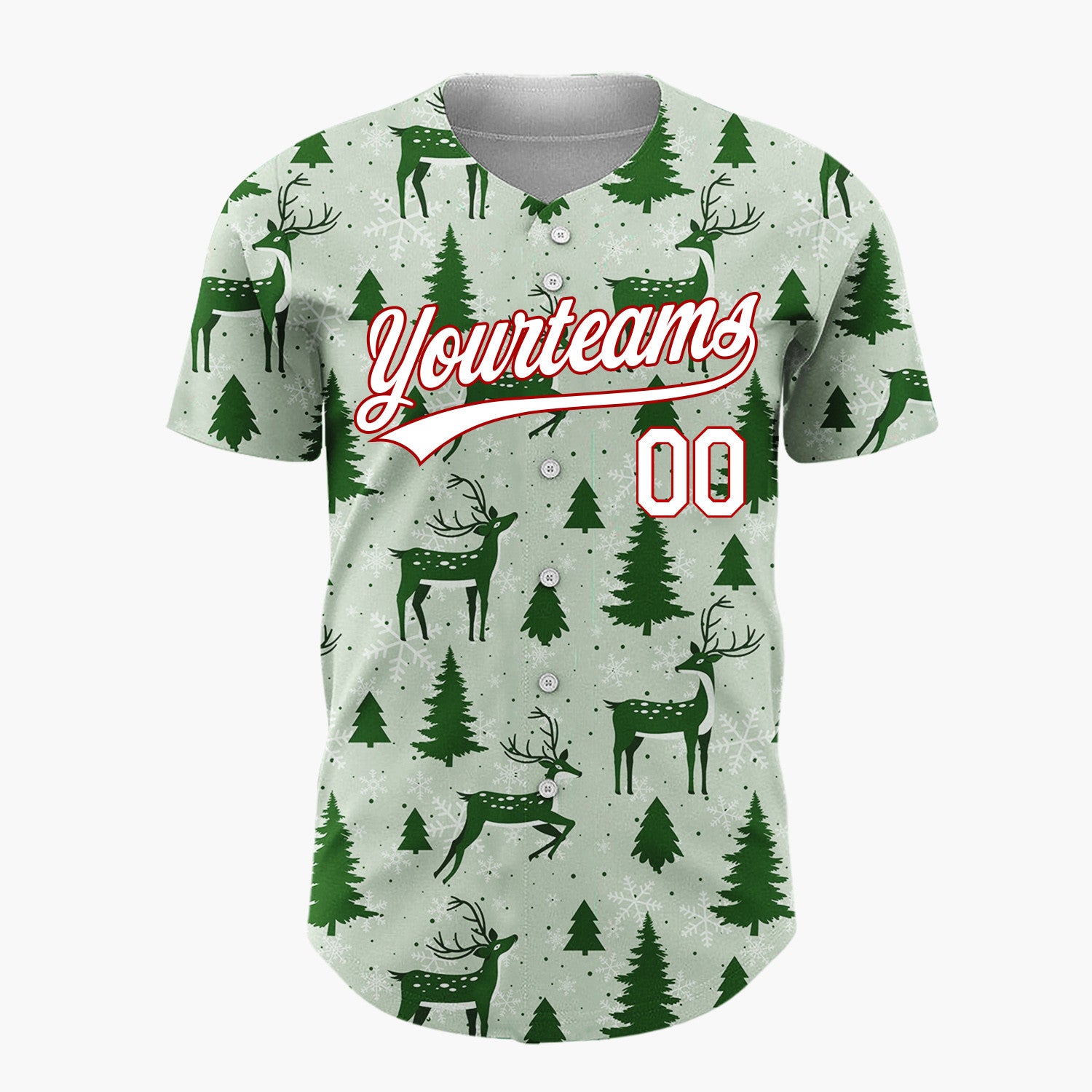 Custom Sage Green Reindeer And Pine Trees Graphic Holiday Pattern Christmas Baseball Jersey