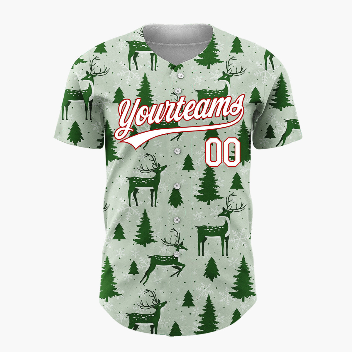 Custom Sage Green Reindeer And Pine Trees Graphic Holiday Pattern Christmas Baseball Jersey