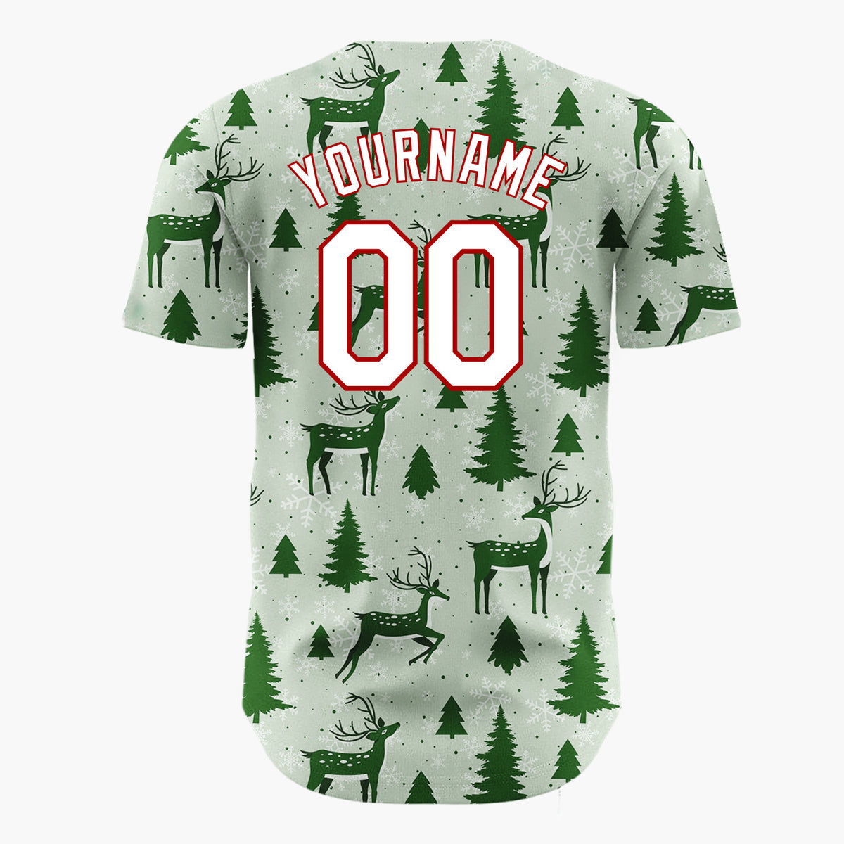 Custom Sage Green Reindeer And Pine Trees Graphic Holiday Pattern Christmas Baseball Jersey