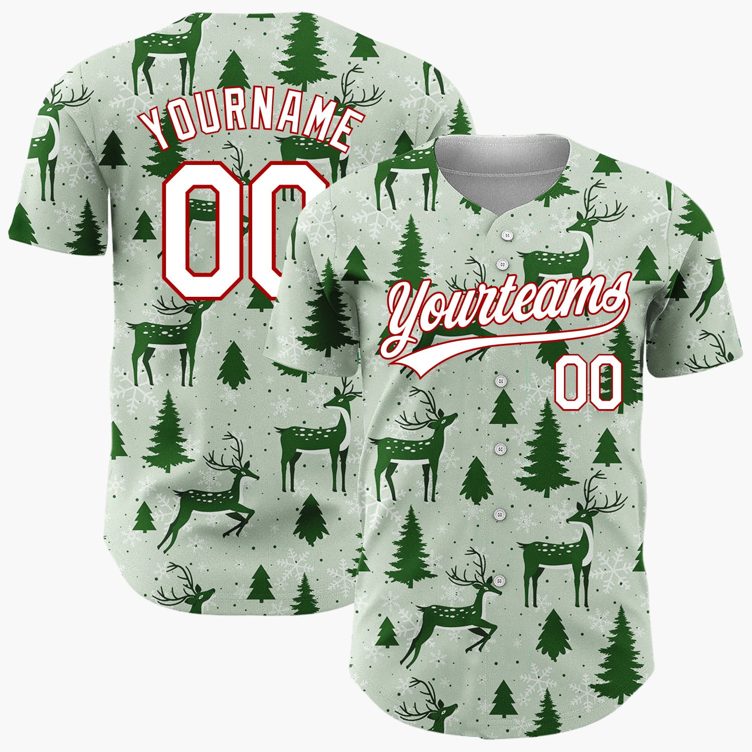 Custom Sage Green Reindeer And Pine Trees Graphic Holiday Pattern Christmas Baseball Jersey