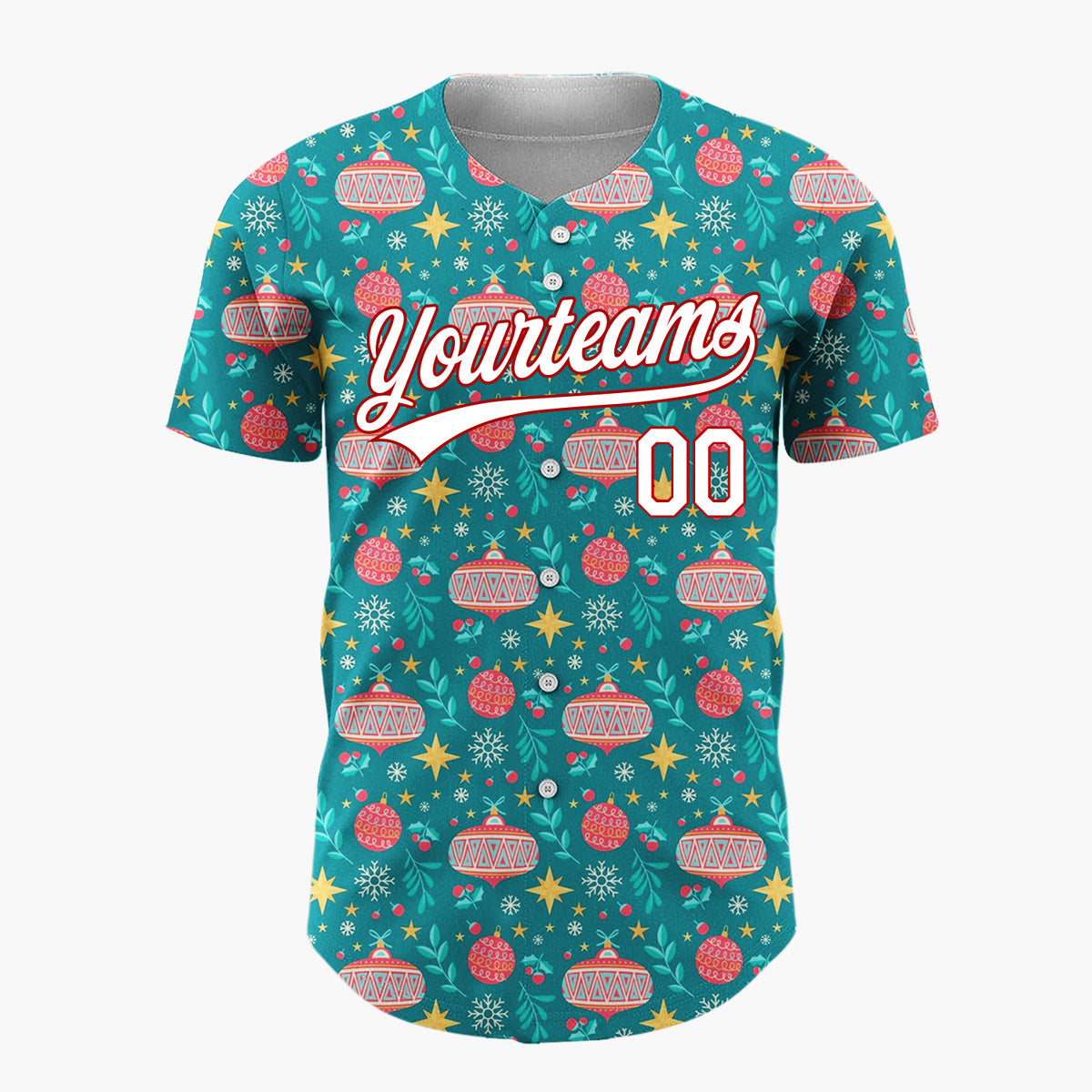 Custom Teal Red Yellow Ornaments And Stars Christmas Baseball Jersey