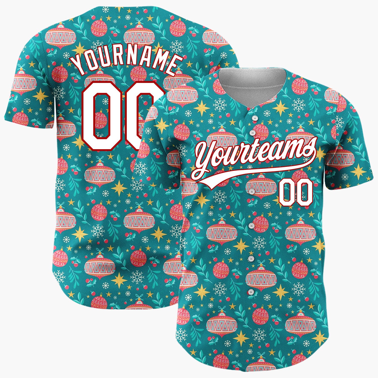 Custom Teal Red Yellow Ornaments And Stars Christmas Baseball Jersey