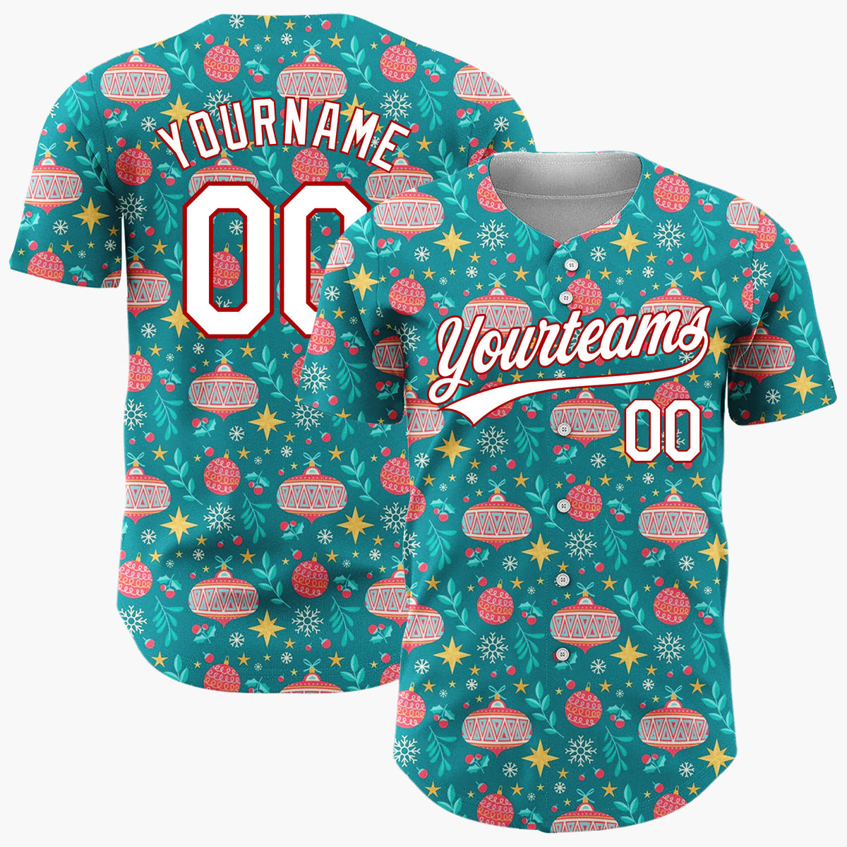 Custom Teal Red Yellow Ornaments And Stars Christmas Baseball Jersey
