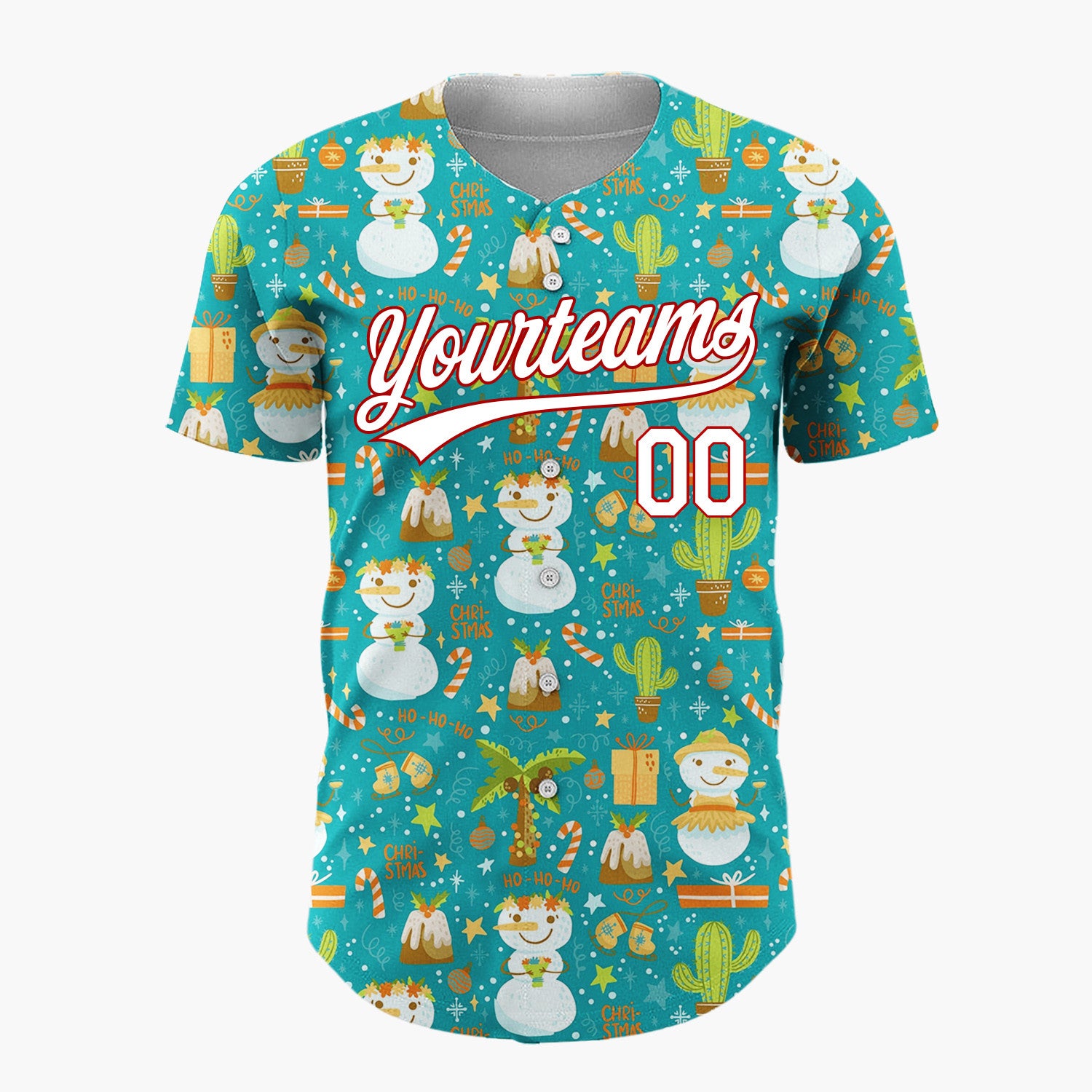 Custom Teal Blue Tropical Snowmen And Cacti Fun Novelty Pattern Christmas Baseball Jersey