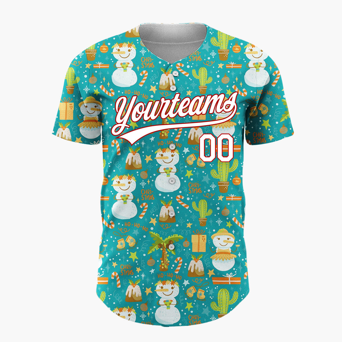 Custom Teal Blue Tropical Snowmen And Cacti Fun Novelty Pattern Christmas Baseball Jersey