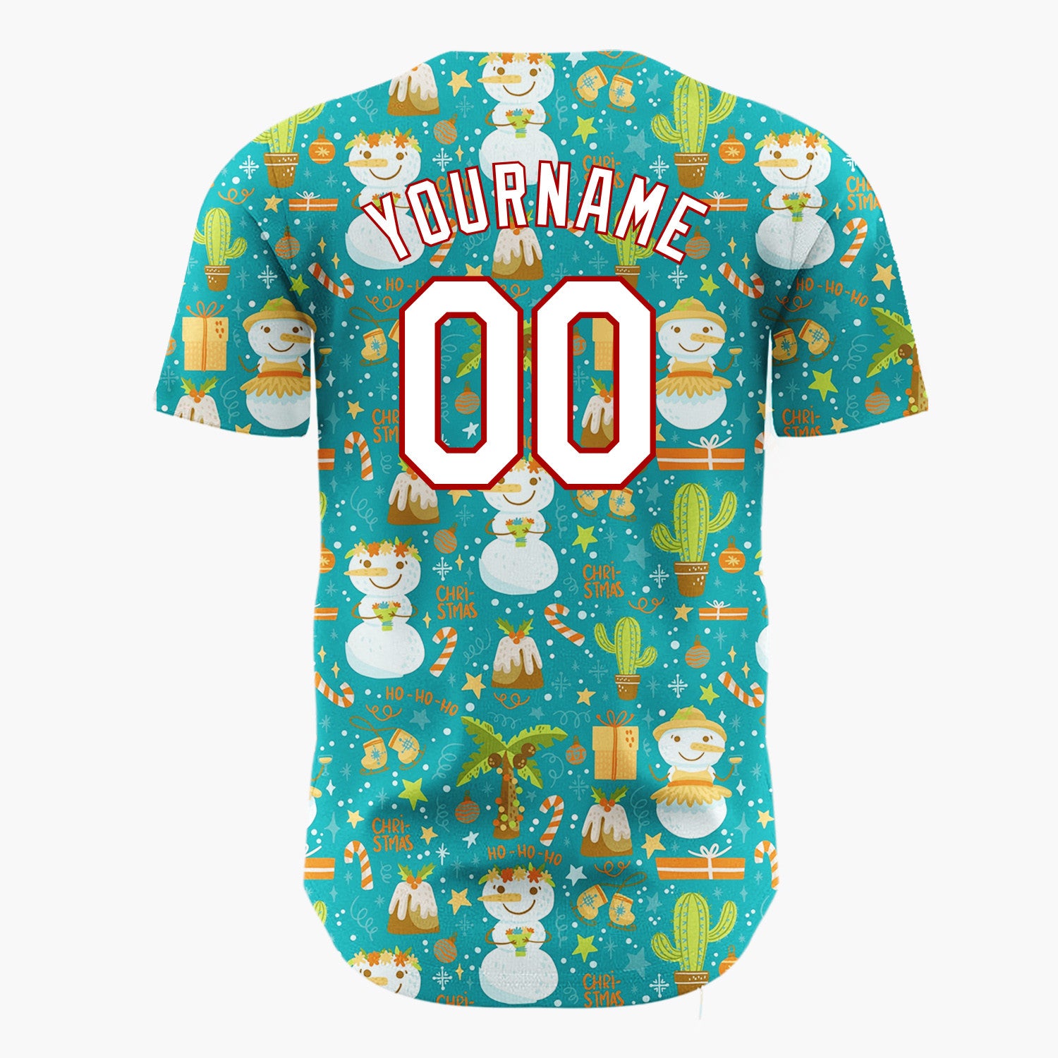 Custom Teal Blue Tropical Snowmen And Cacti Fun Novelty Pattern Christmas Baseball Jersey