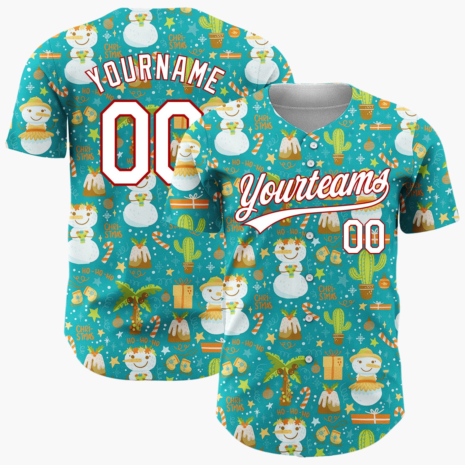 Custom Teal Blue Tropical Snowmen And Cacti Fun Novelty Pattern Christmas Baseball Jersey