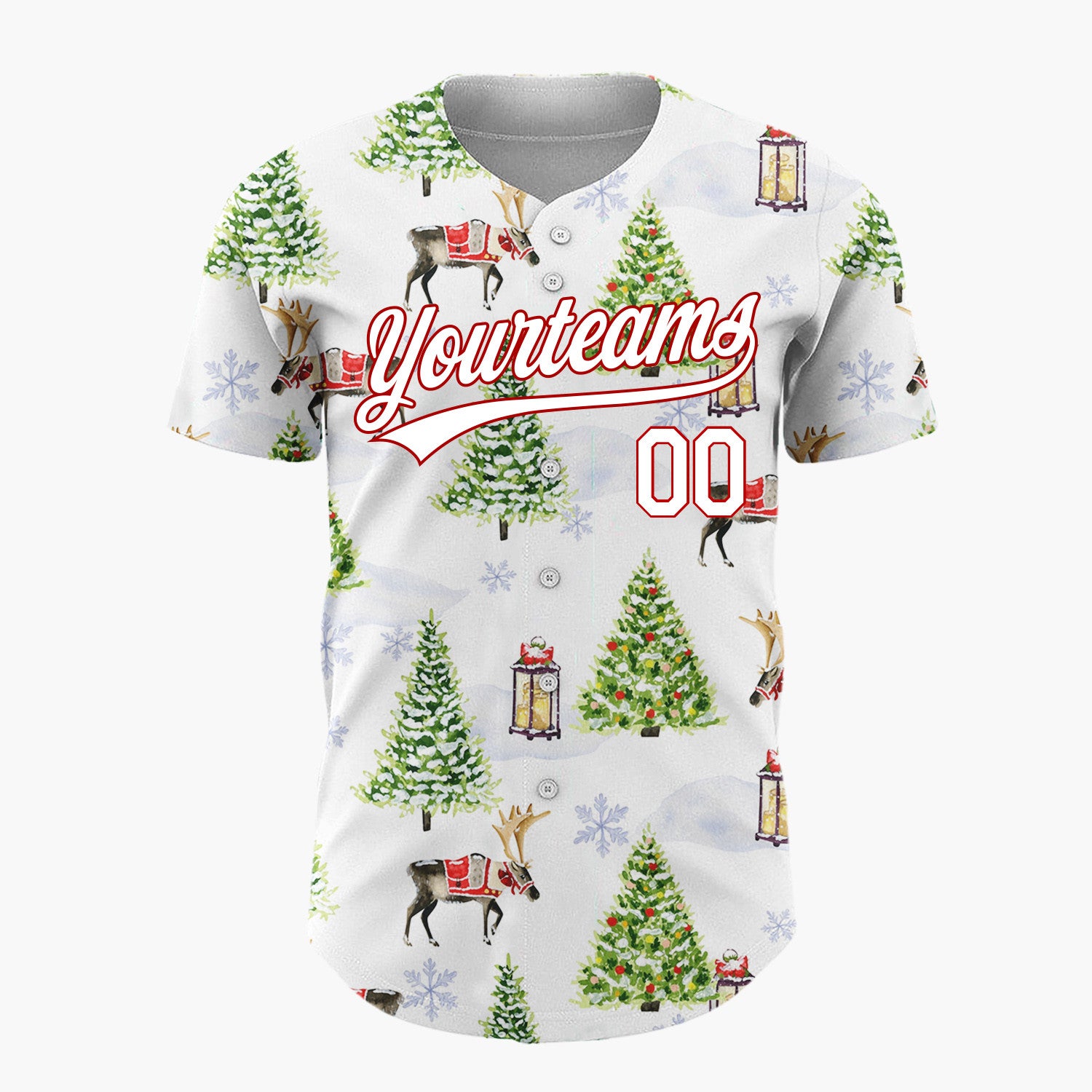 Custom White Christmas Tree And Reindeer Winter Watercolor Pattern Christmas Baseball Jersey