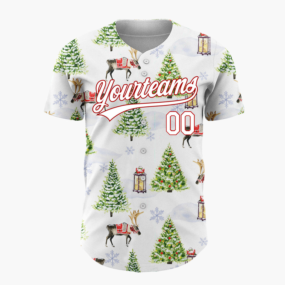 Custom White Christmas Tree And Reindeer Winter Watercolor Pattern Christmas Baseball Jersey