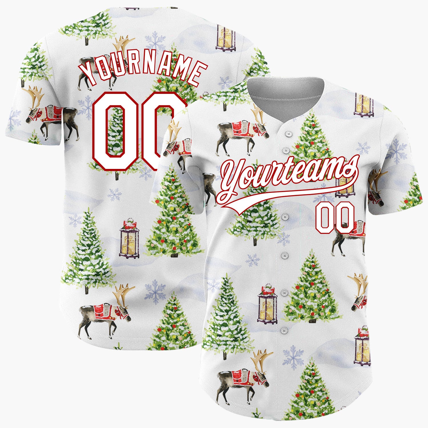 Custom White Christmas Tree And Reindeer Winter Watercolor Pattern Christmas Baseball Jersey