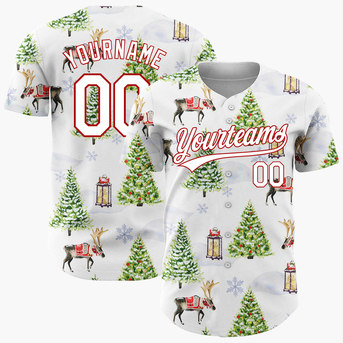 Custom White Christmas Tree And Reindeer Winter Watercolor Pattern Christmas Baseball Jersey