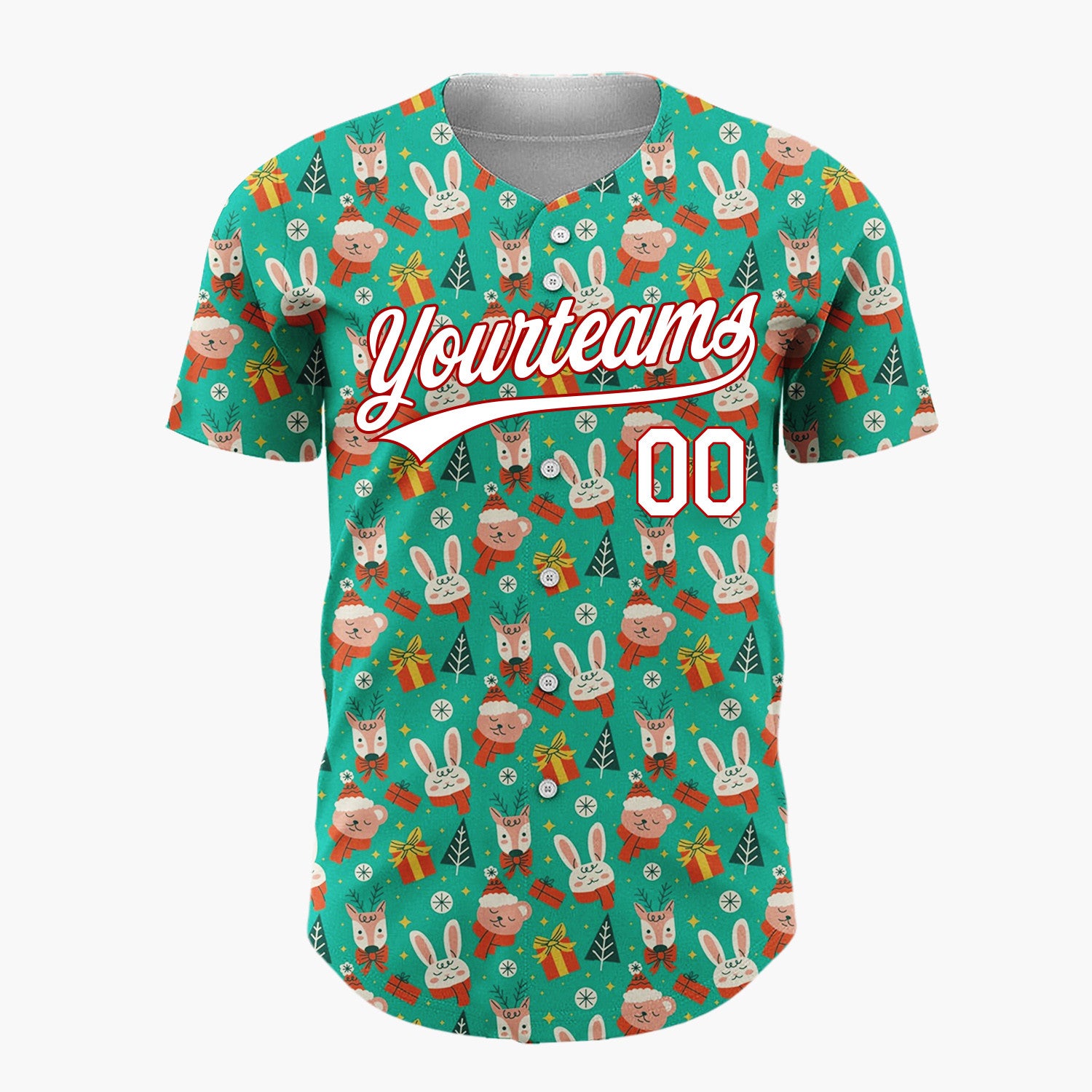Custom Teal Green Red Bunny Bear Animal Christmas Cartoon Pattern Christmas Baseball Jersey