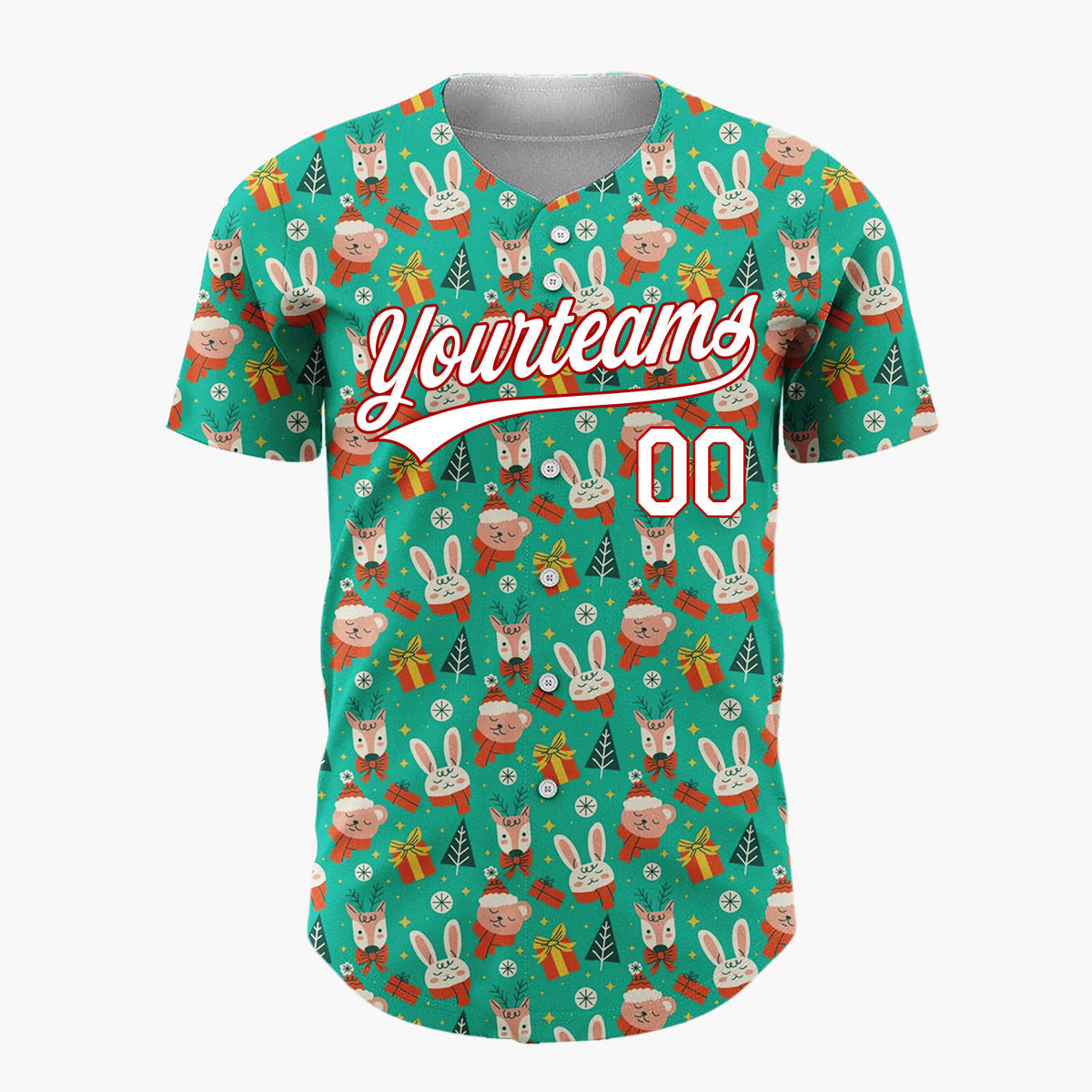 Custom Teal Green Red Bunny Bear Animal Christmas Cartoon Pattern Christmas Baseball Jersey