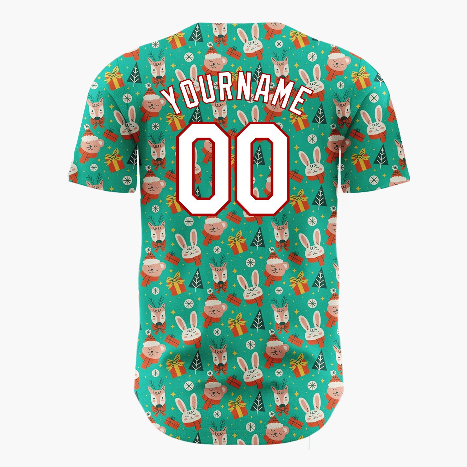 Custom Teal Green Red Bunny Bear Animal Christmas Cartoon Pattern Christmas Baseball Jersey