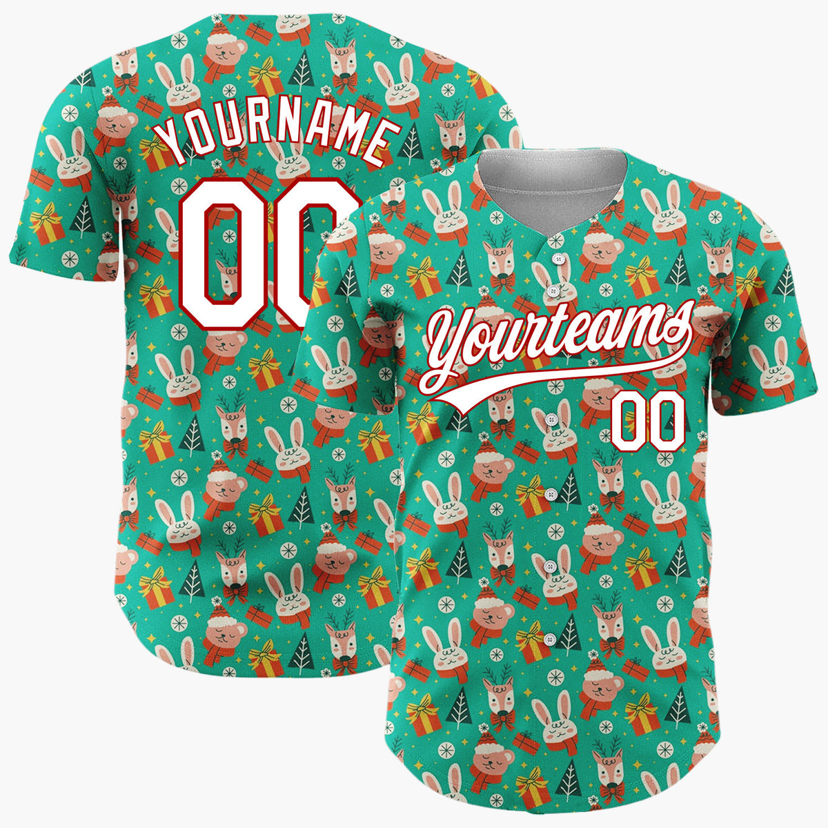 Custom Teal Green Red Bunny Bear Animal Christmas Cartoon Pattern Christmas Baseball Jersey
