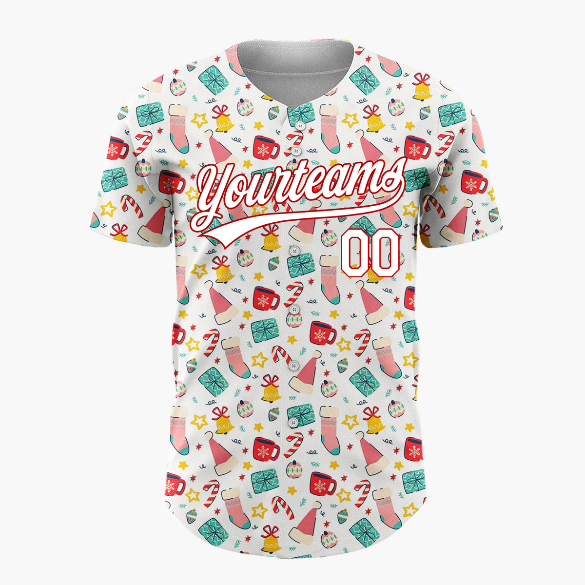 Custom White Christmas Stocking Bell Candy Cane Cartoon Pattern Christmas Baseball Jersey