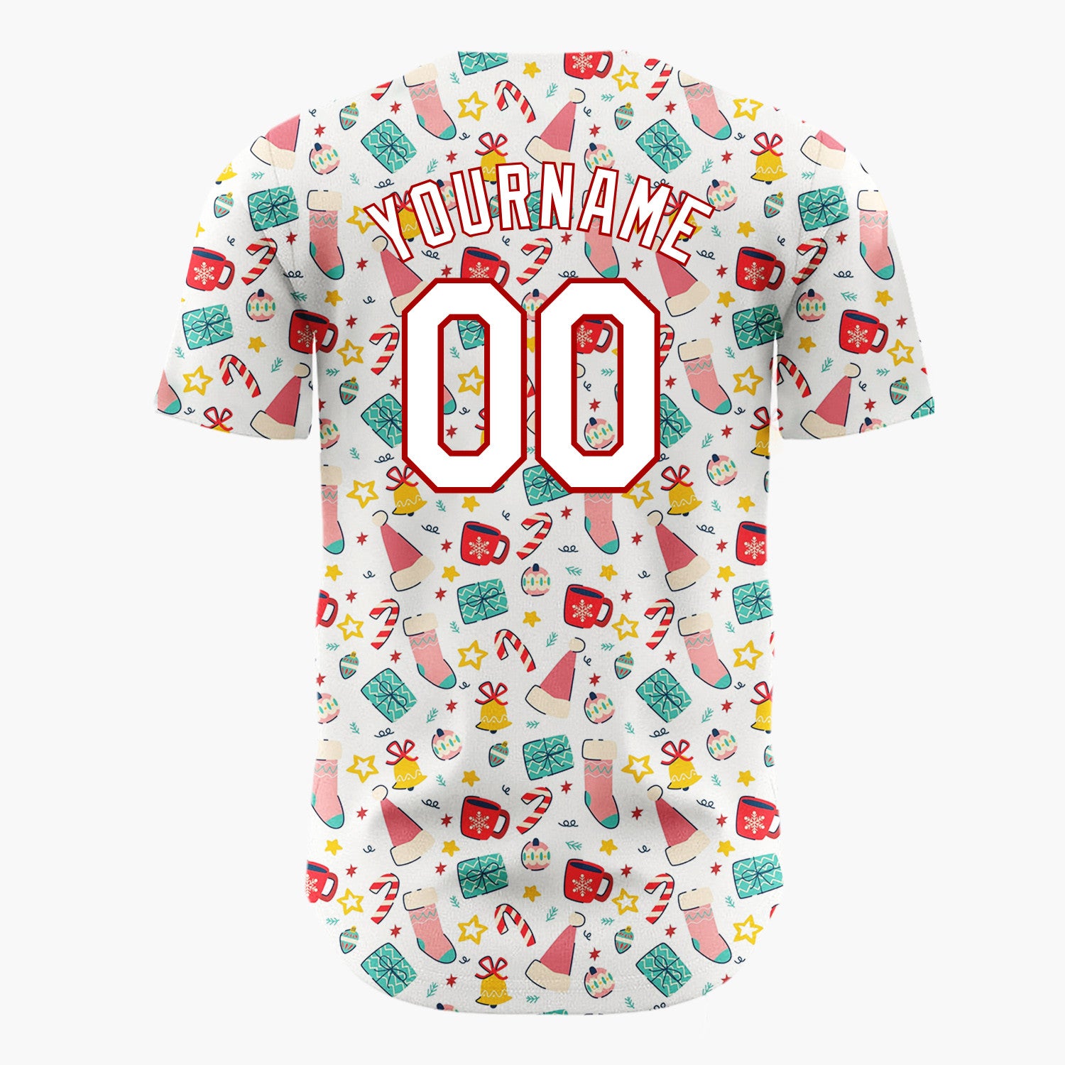 Custom White Christmas Stocking Bell Candy Cane Cartoon Pattern Christmas Baseball Jersey