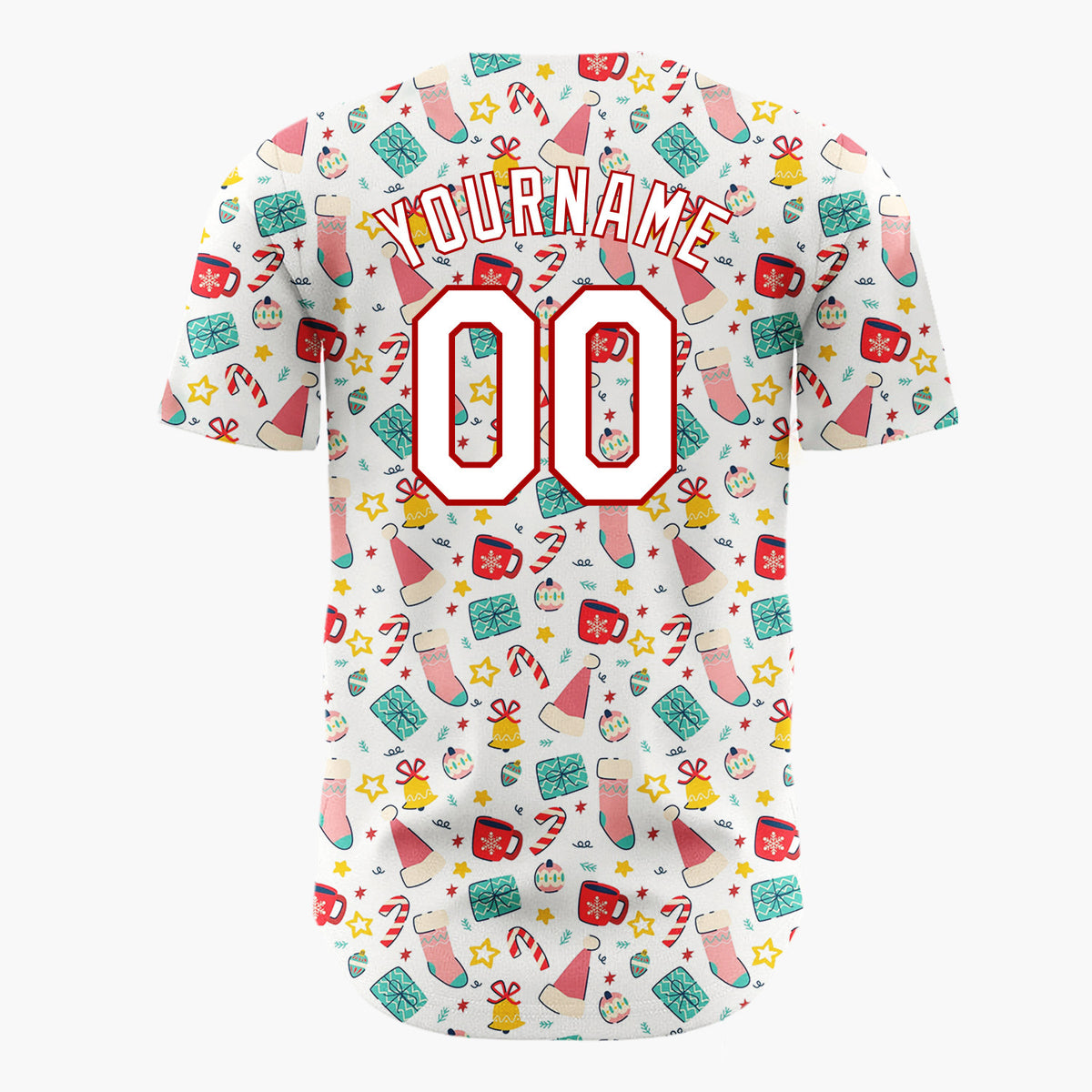 Custom White Christmas Stocking Bell Candy Cane Cartoon Pattern Christmas Baseball Jersey