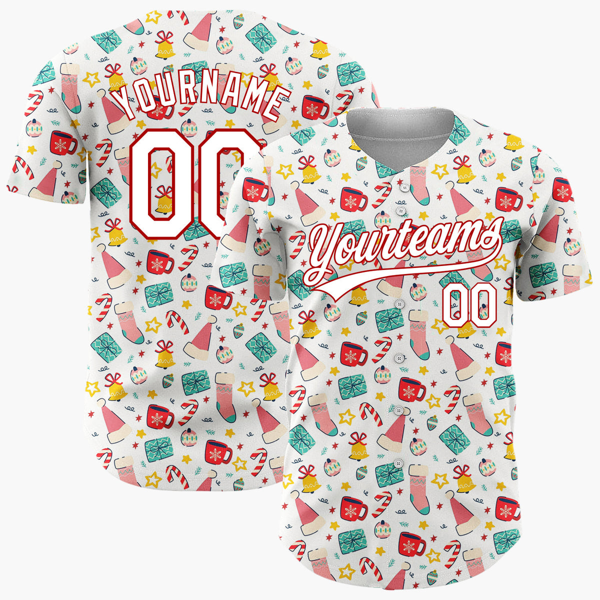 Custom White Christmas Stocking Bell Candy Cane Cartoon Pattern Christmas Baseball Jersey