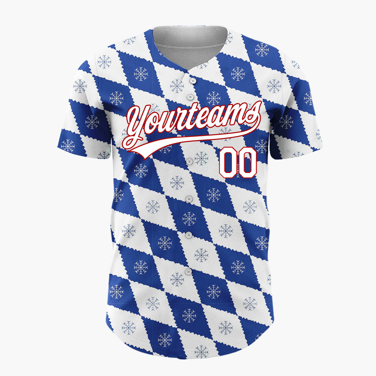Custom White Blue Snowflake Argyle Geometric Pattern Christmas Baseball Jersey