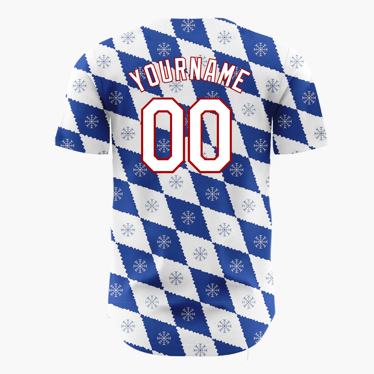 Custom White Blue Snowflake Argyle Geometric Pattern Christmas Baseball Jersey