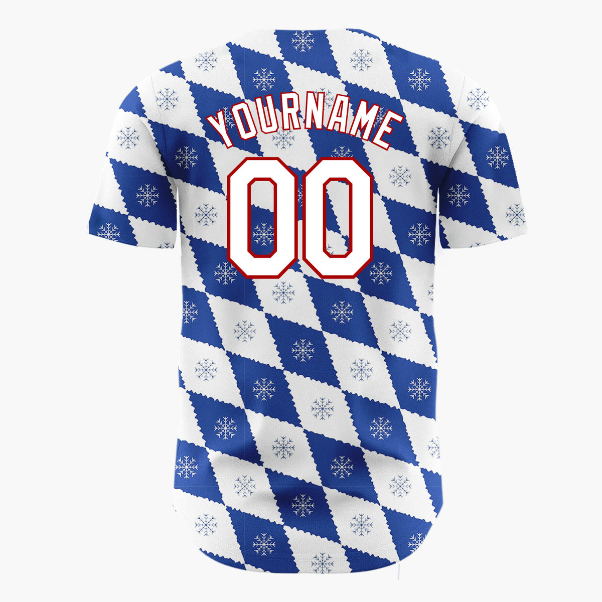 Custom White Blue Snowflake Argyle Geometric Pattern Christmas Baseball Jersey