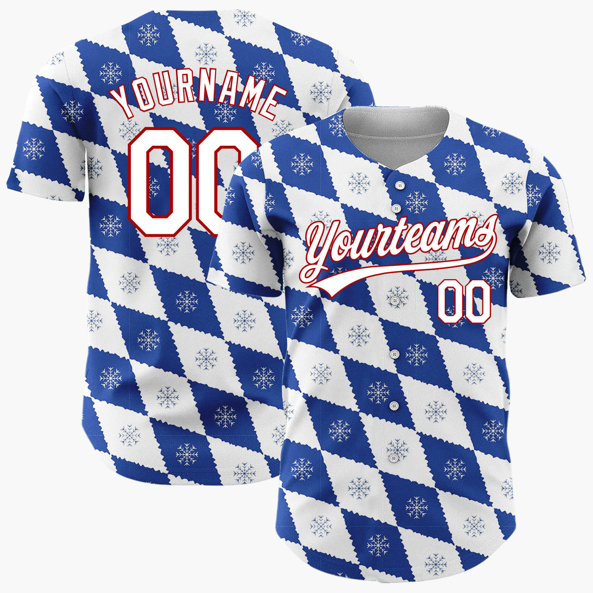 Custom White Blue Snowflake Argyle Geometric Pattern Christmas Baseball Jersey