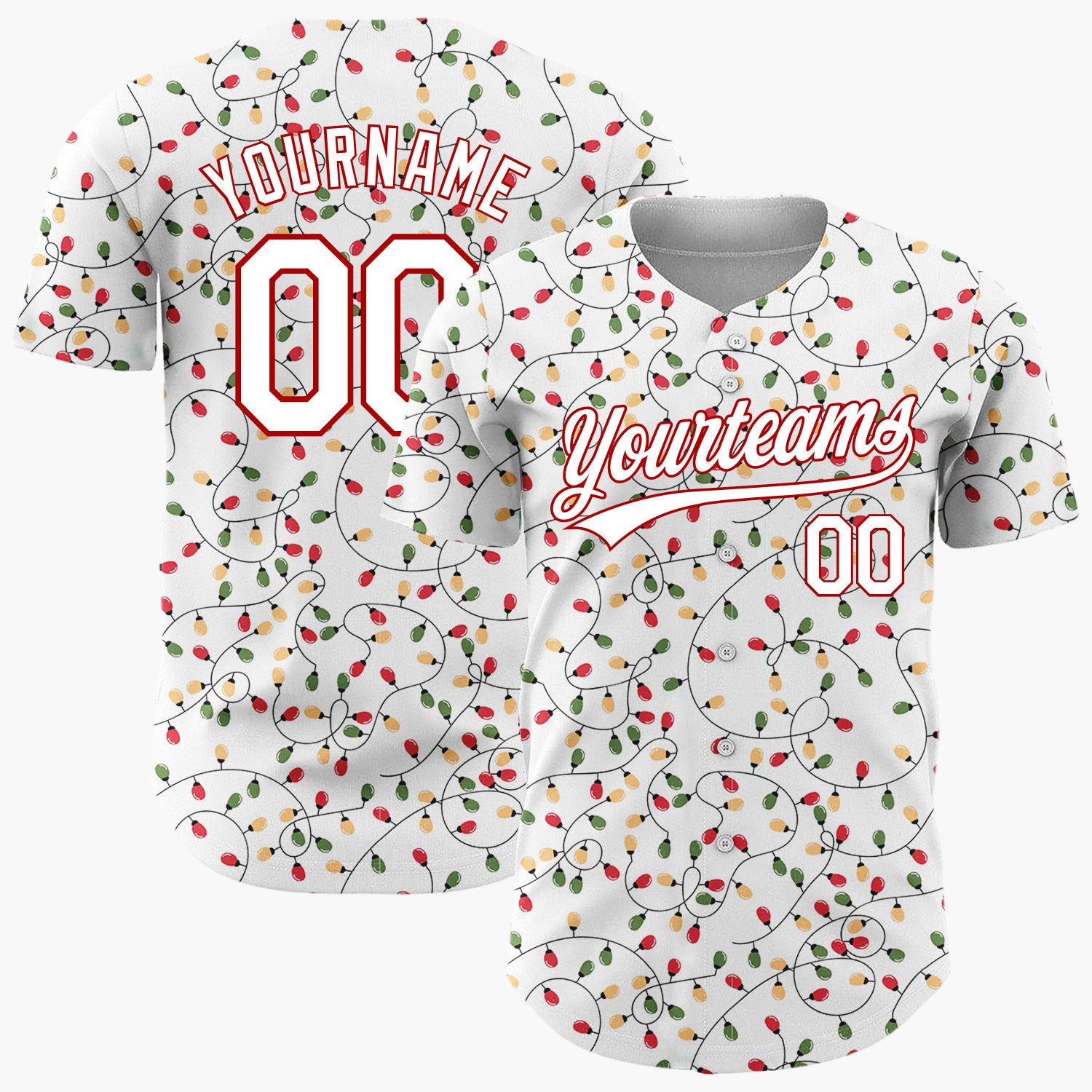 Custom White Red Green Orange Christmas Lights Densely Tangle Pattern Christmas Baseball Jersey