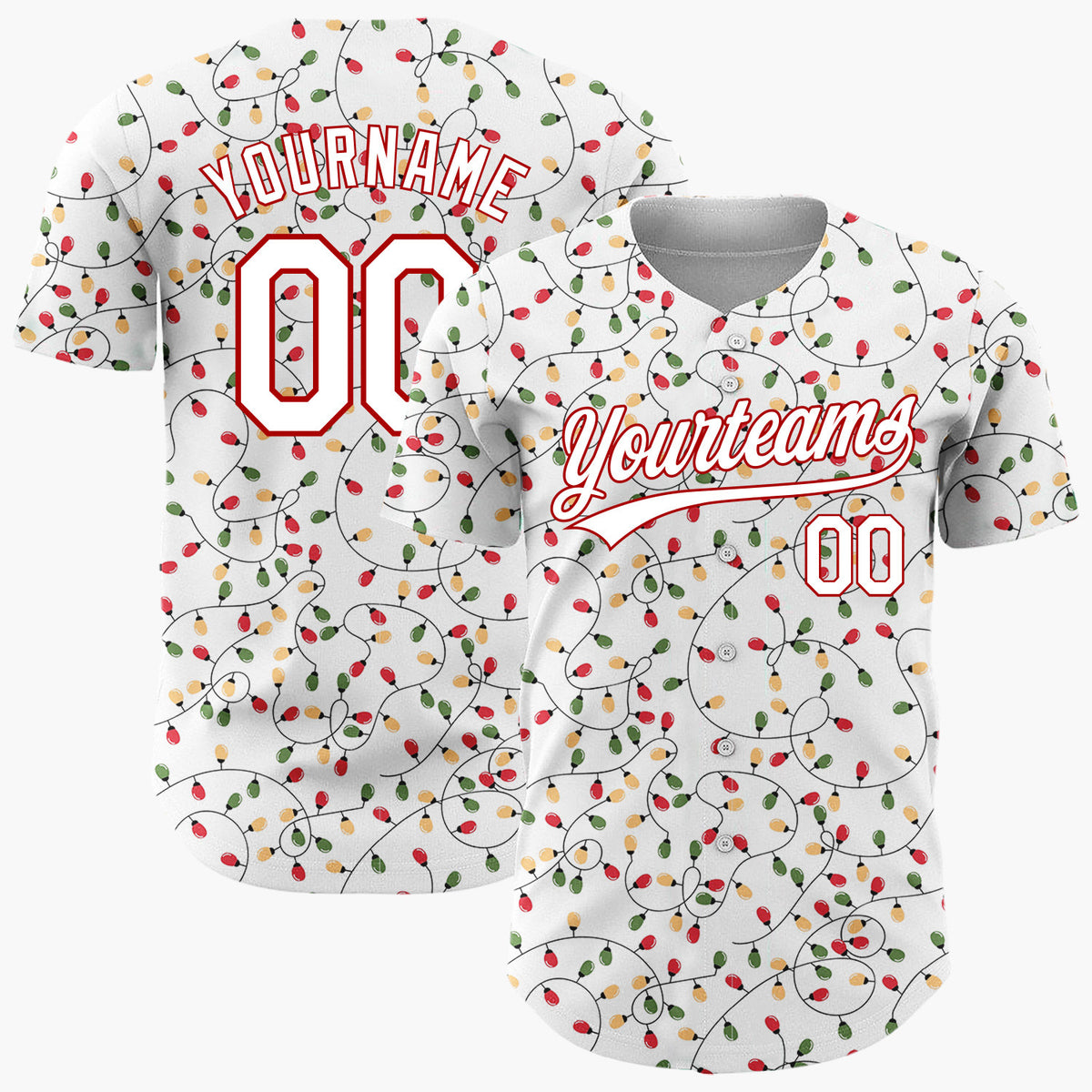 Custom White Red Green Orange Christmas Lights Densely Tangle Pattern Christmas Baseball Jersey