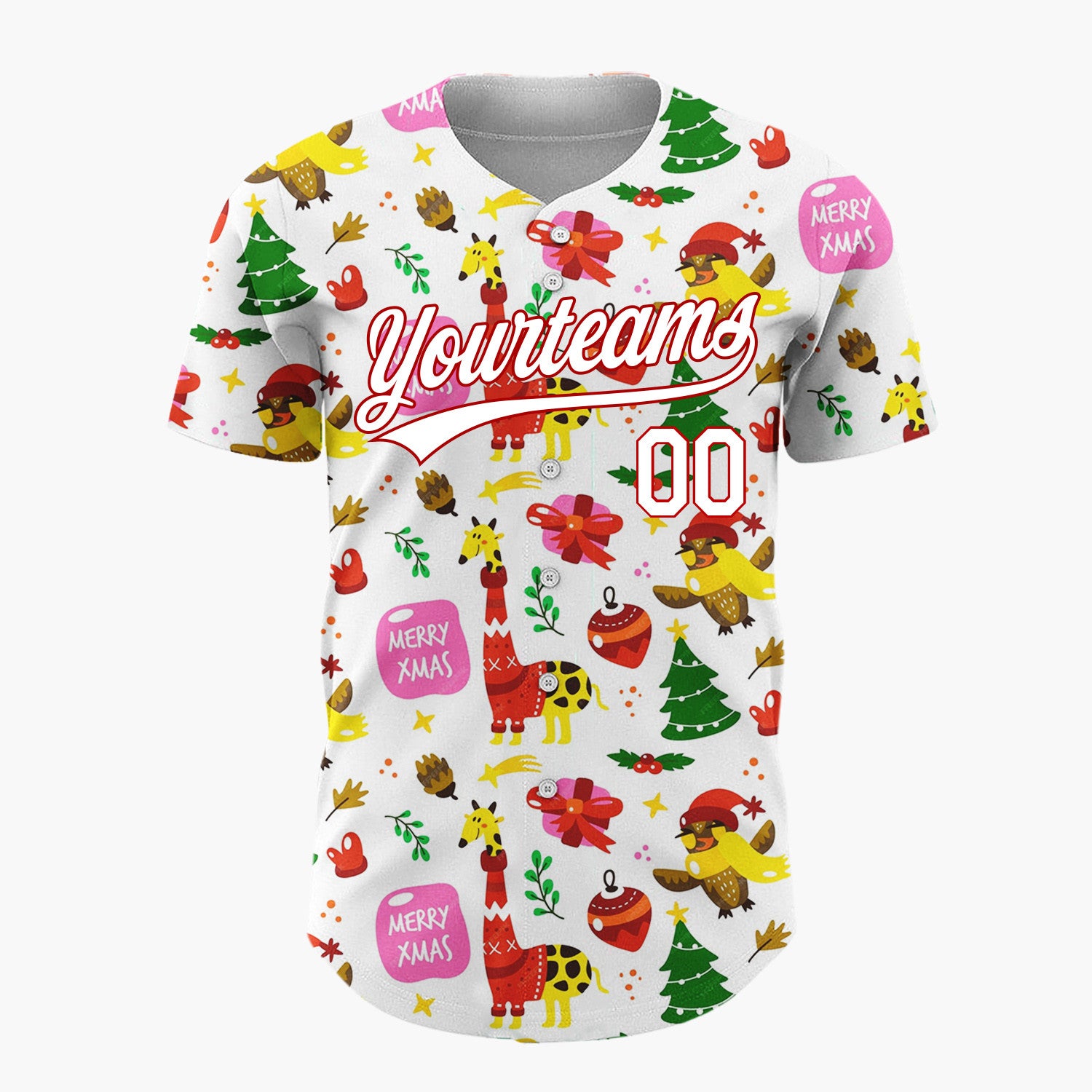 Custom White Red Green Giraffes Birds And Trees Merry Xmas Christmas Baseball Jersey
