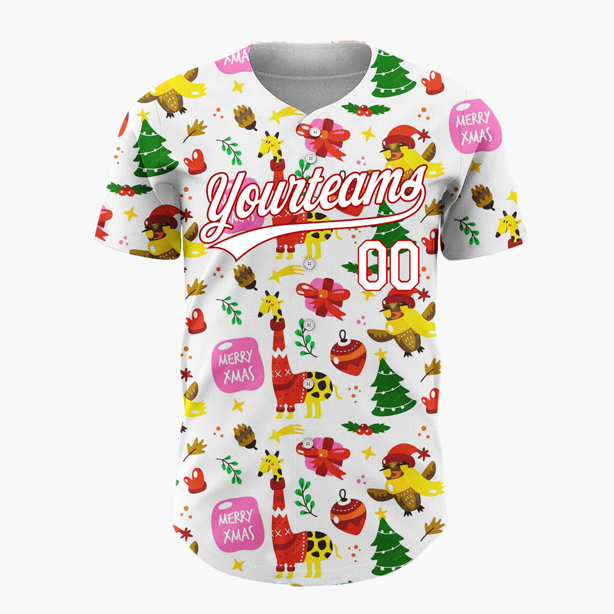 Custom White Red Green Giraffes Birds And Trees Merry Xmas Christmas Baseball Jersey