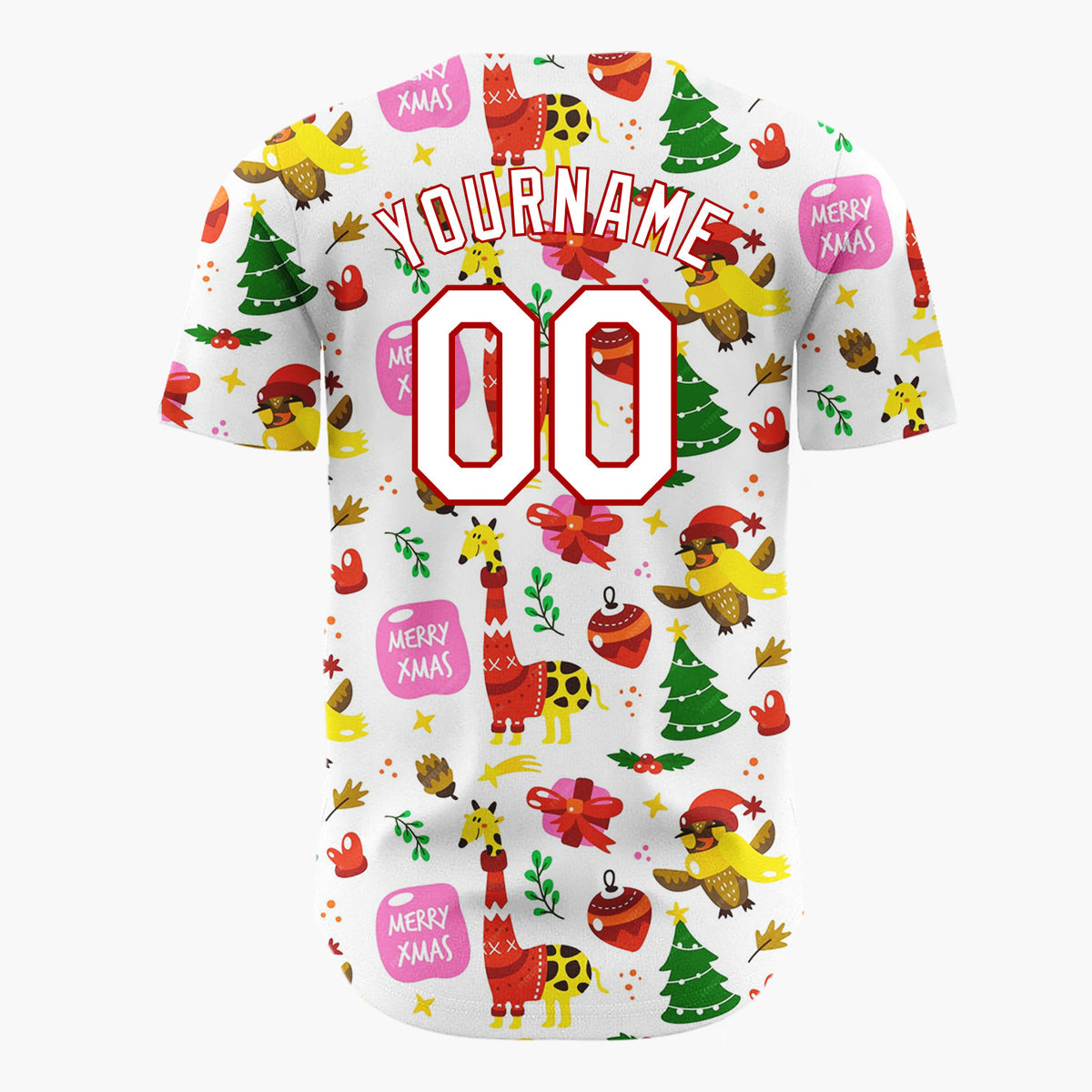 Custom White Red Green Giraffes Birds And Trees Merry Xmas Christmas Baseball Jersey