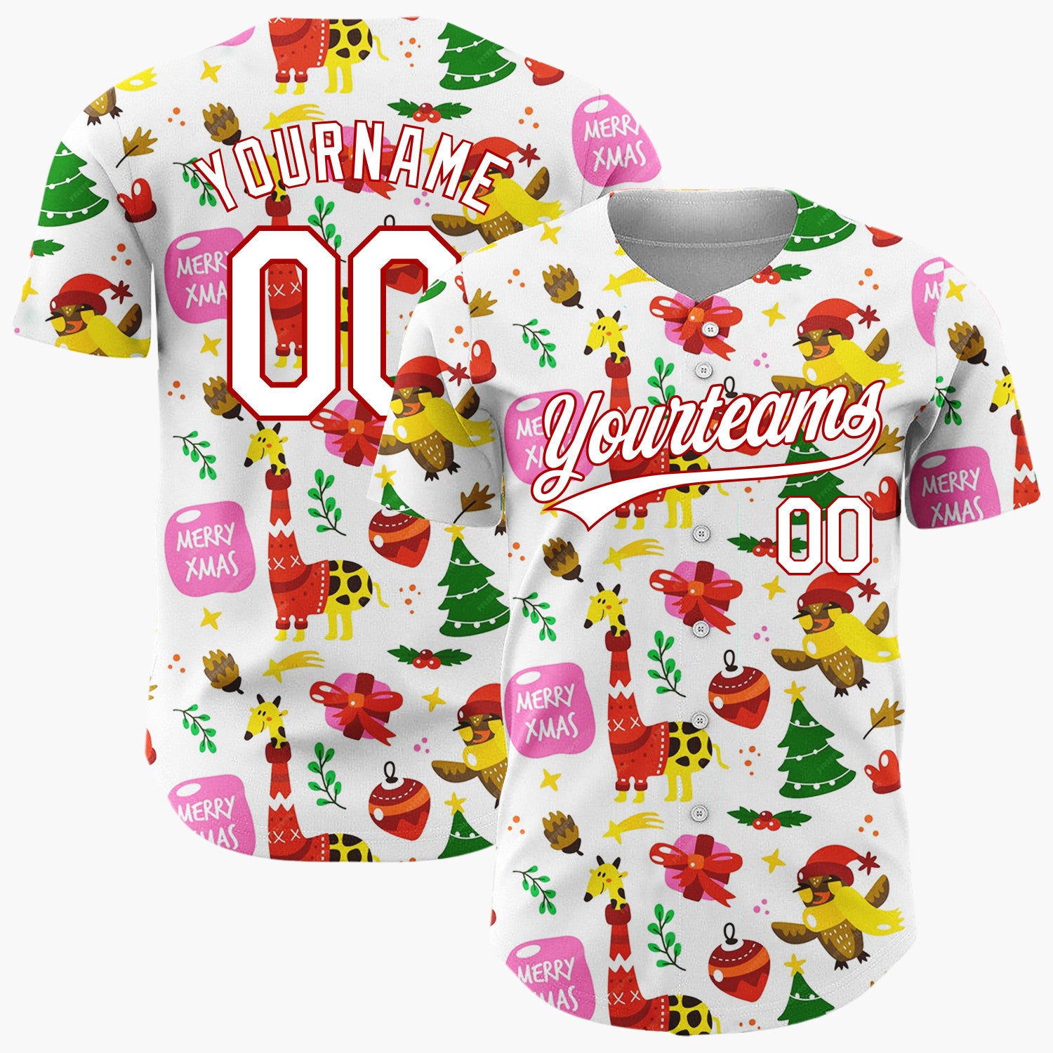 Custom White Red Green Giraffes Birds And Trees Merry Xmas Christmas Baseball Jersey