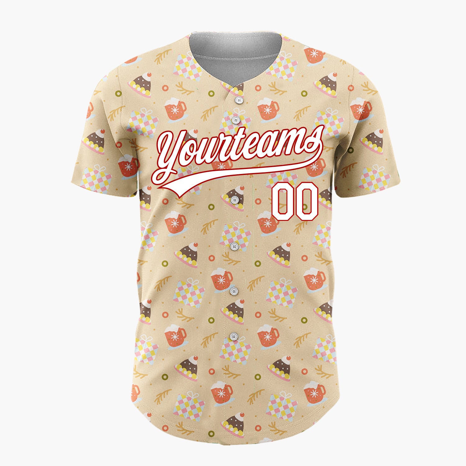 Custom Tan Red White Cupcakes Hot Chocolate Mugs And Hats Cozy Dessert Pattern Christmas Baseball Jersey