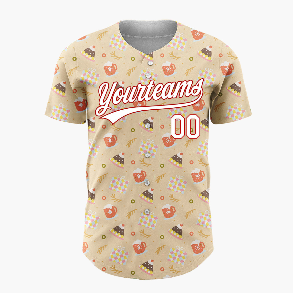 Custom Tan Red White Cupcakes Hot Chocolate Mugs And Hats Cozy Dessert Pattern Christmas Baseball Jersey