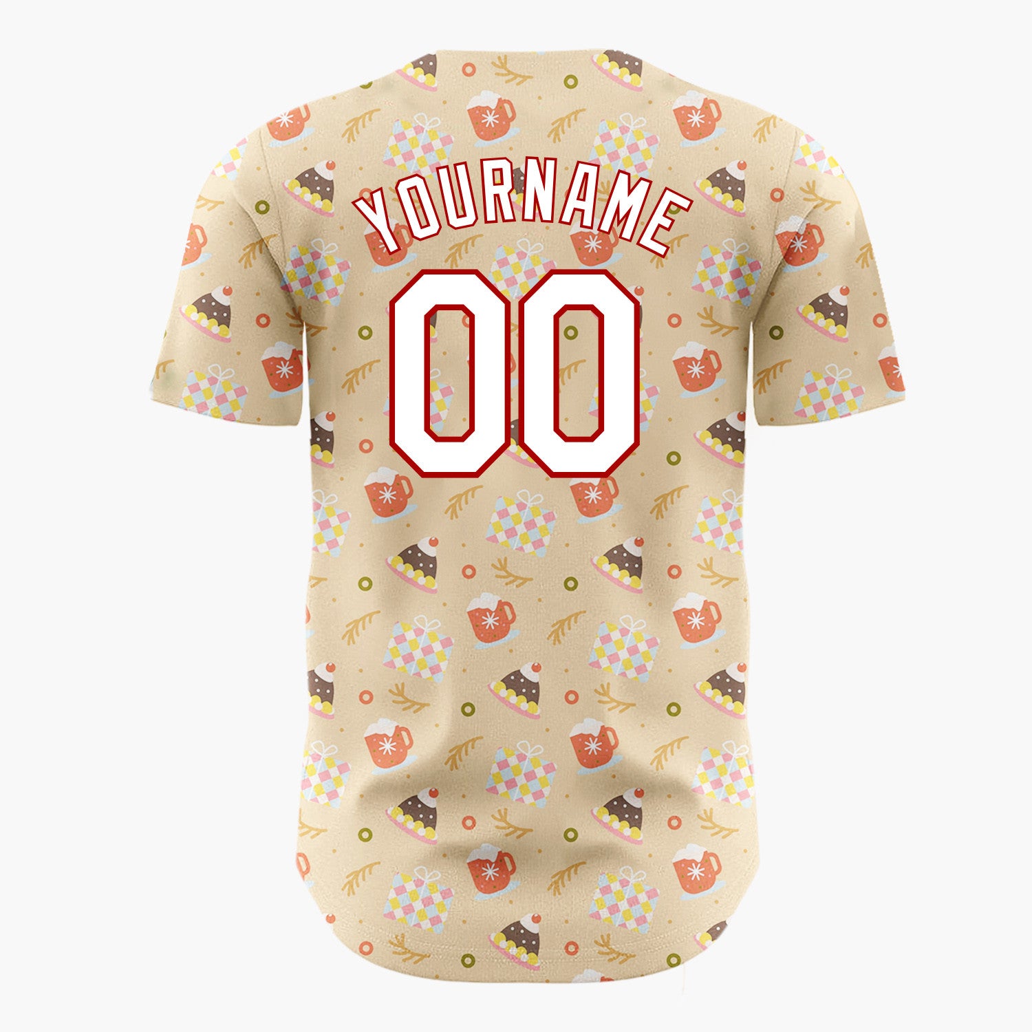 Custom Tan Red White Cupcakes Hot Chocolate Mugs And Hats Cozy Dessert Pattern Christmas Baseball Jersey