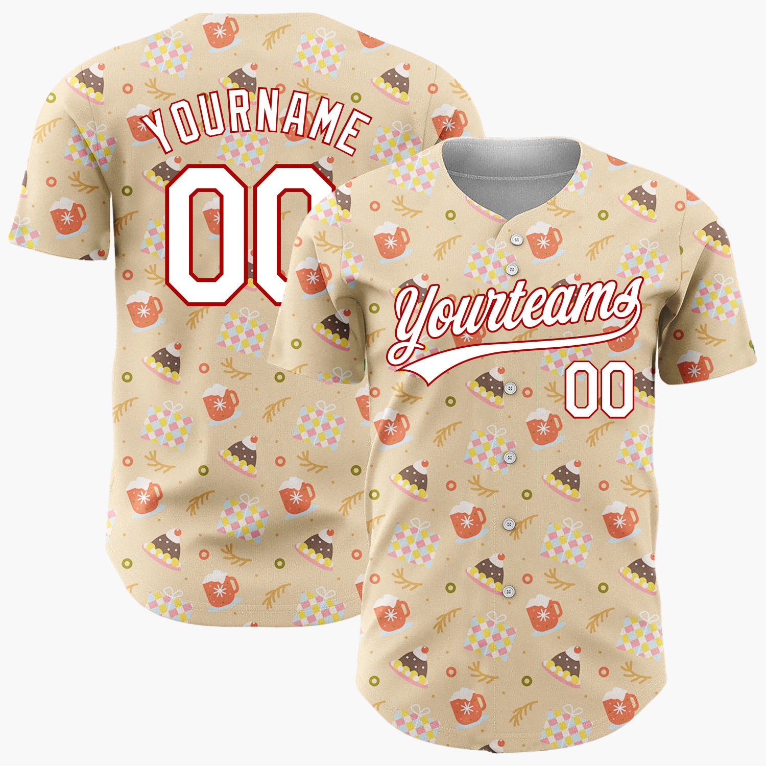 Custom Tan Red White Cupcakes Hot Chocolate Mugs And Hats Cozy Dessert Pattern Christmas Baseball Jersey