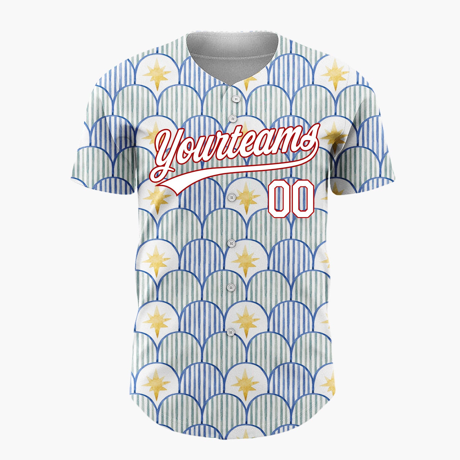 Custom White Blue Scallop Scale And Star Watercolor Pattern Christmas Baseball Jersey