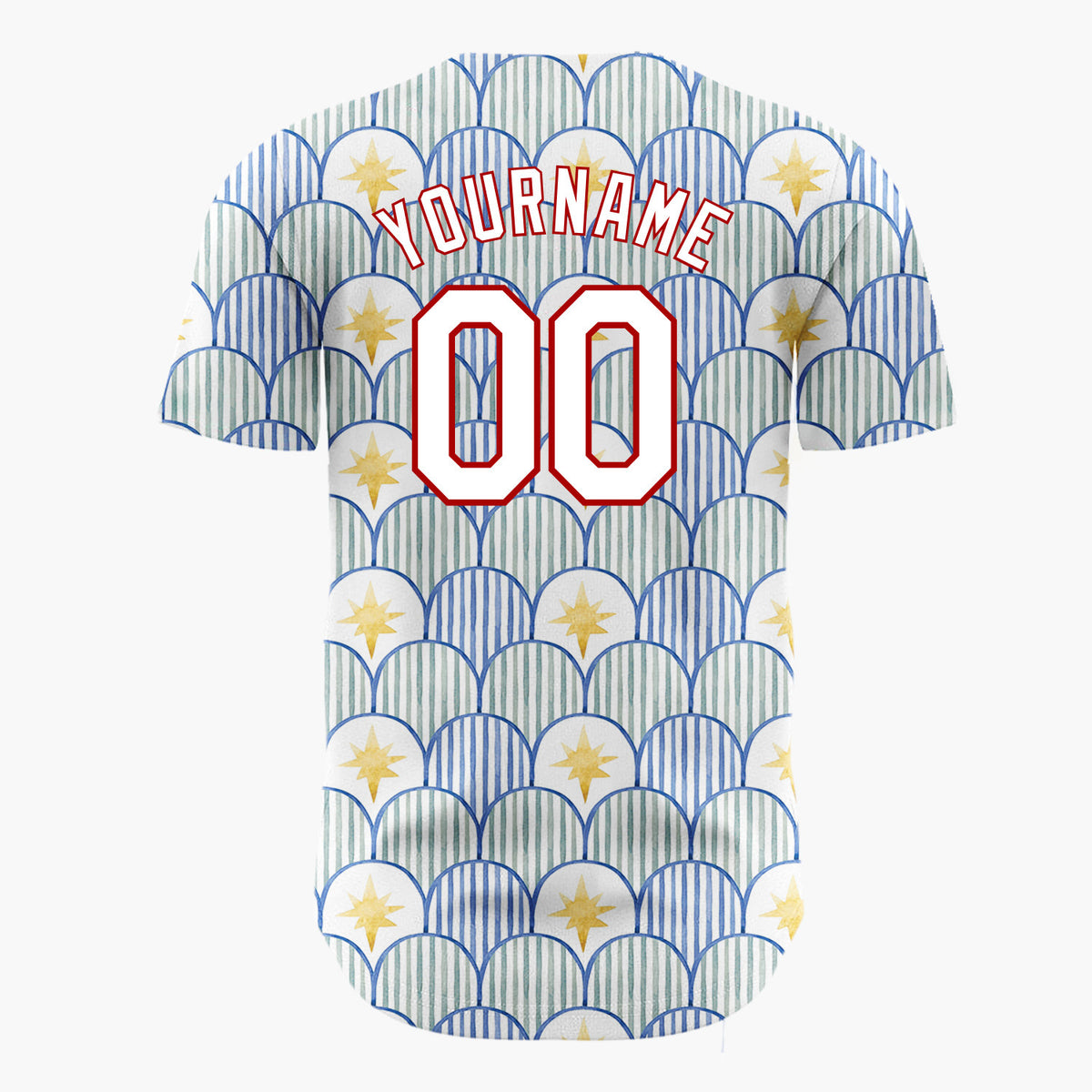 Custom White Blue Scallop Scale And Star Watercolor Pattern Christmas Baseball Jersey