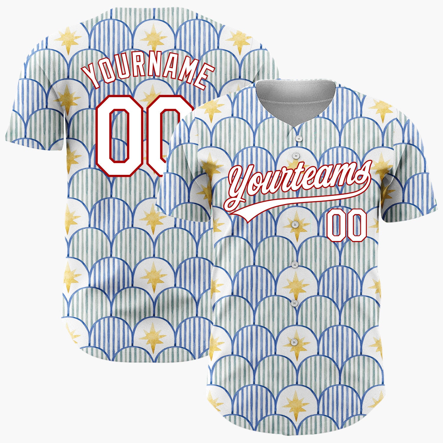 Custom White Blue Scallop Scale And Star Watercolor Pattern Christmas Baseball Jersey