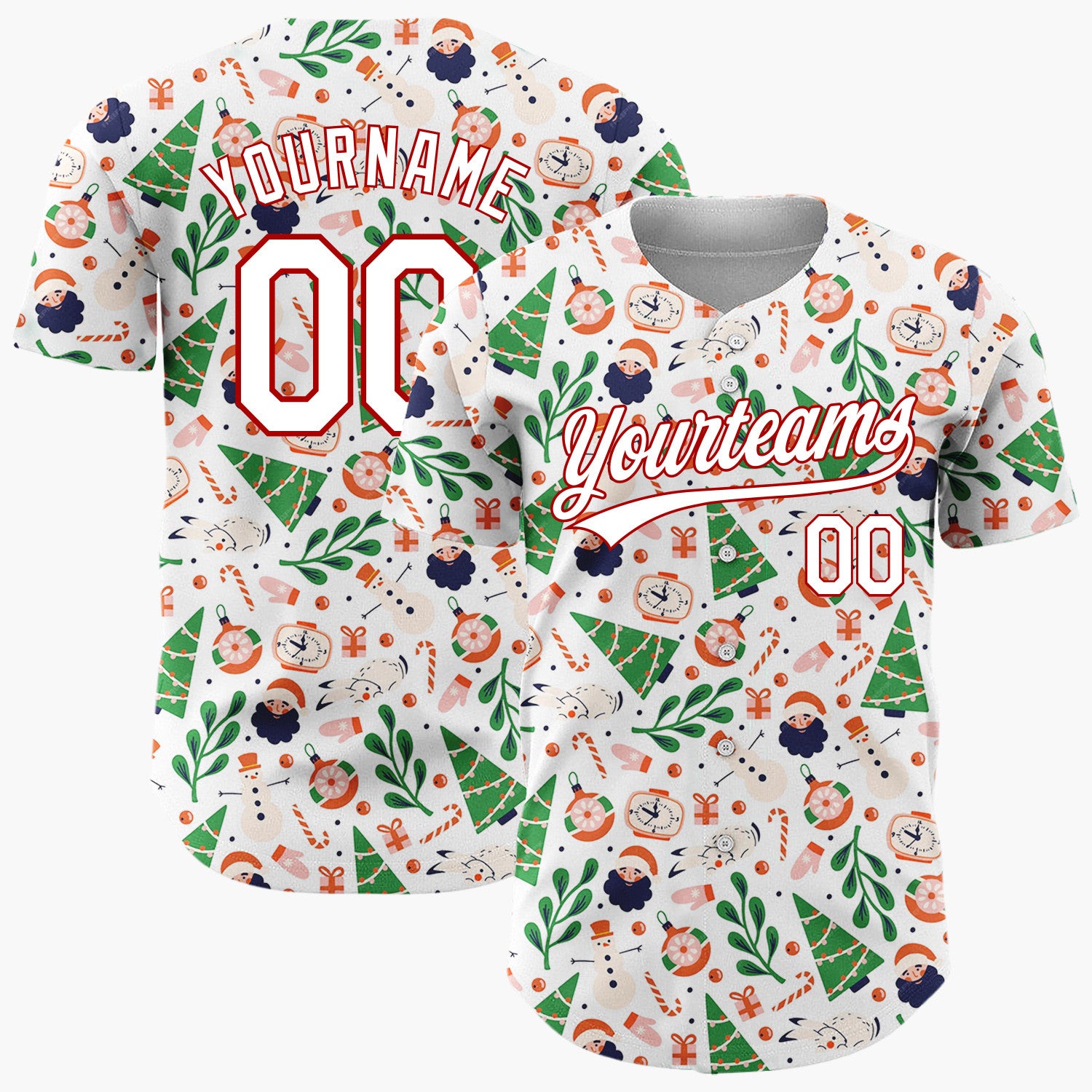 Custom White Christmas Trees Santa Doodles Cartoon Pattern Christmas Baseball Jersey