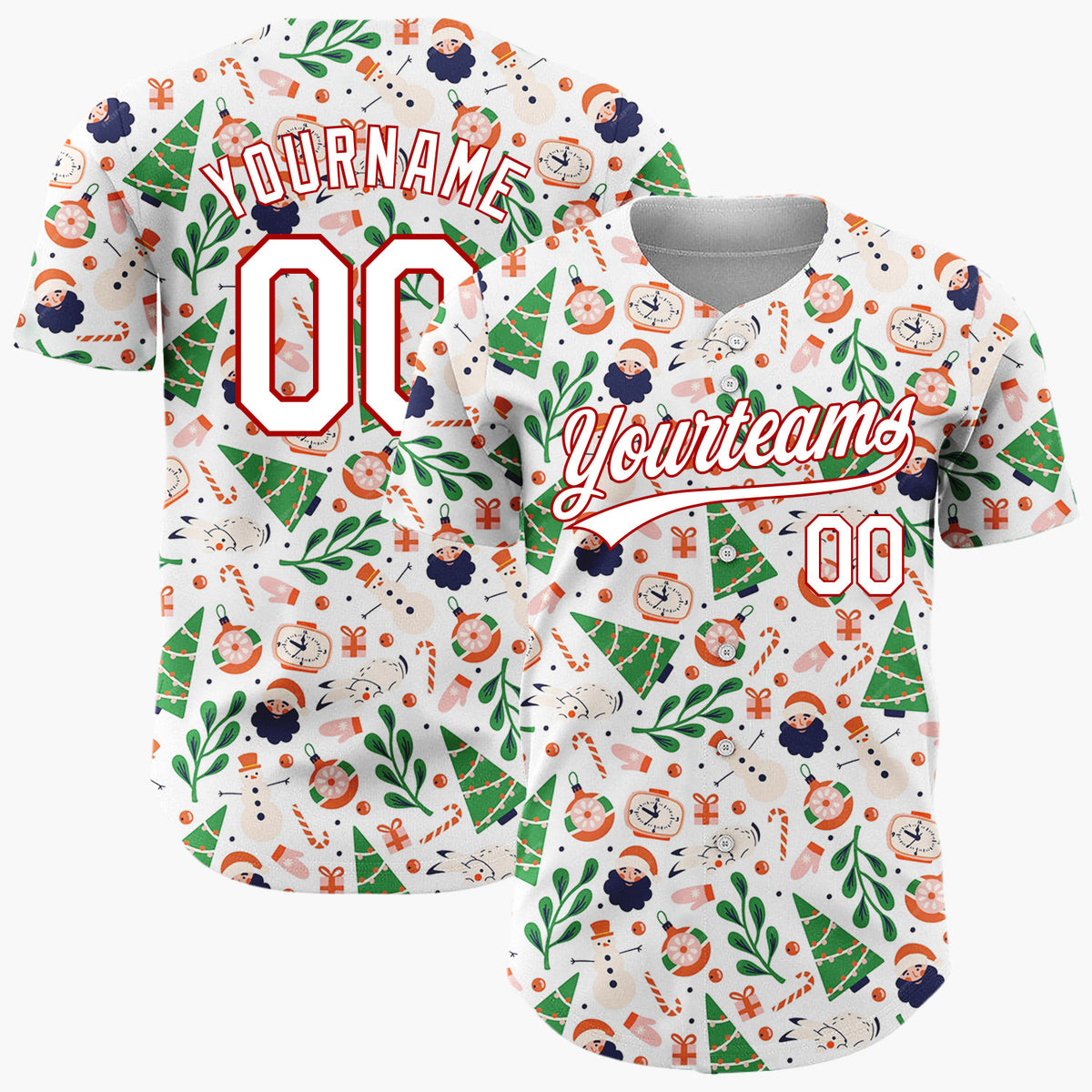 Custom White Christmas Trees Santa Doodles Cartoon Pattern Christmas Baseball Jersey