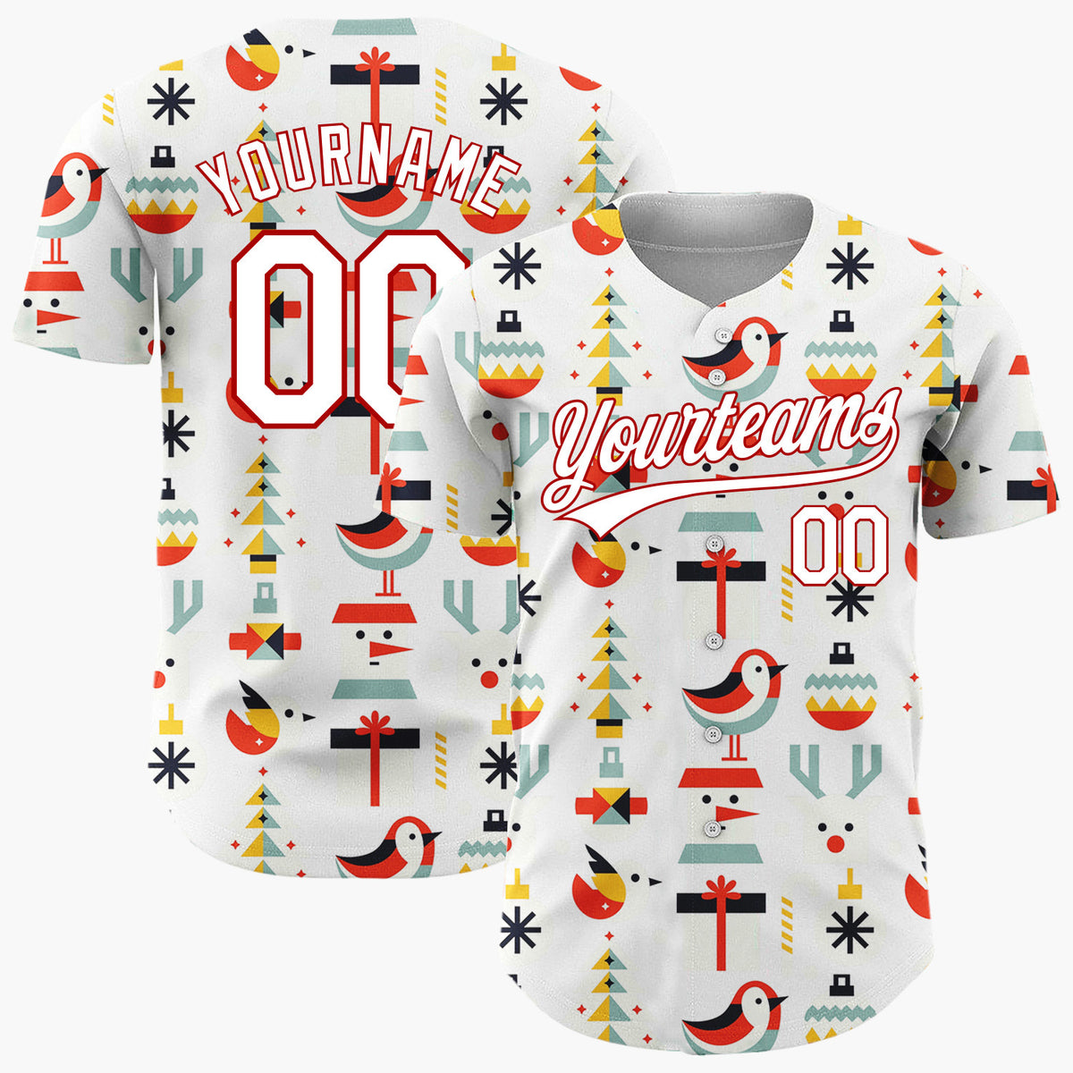 Custom White Abstract Christmas Icons Mid-Century Modern Pattern Christmas Baseball Jersey