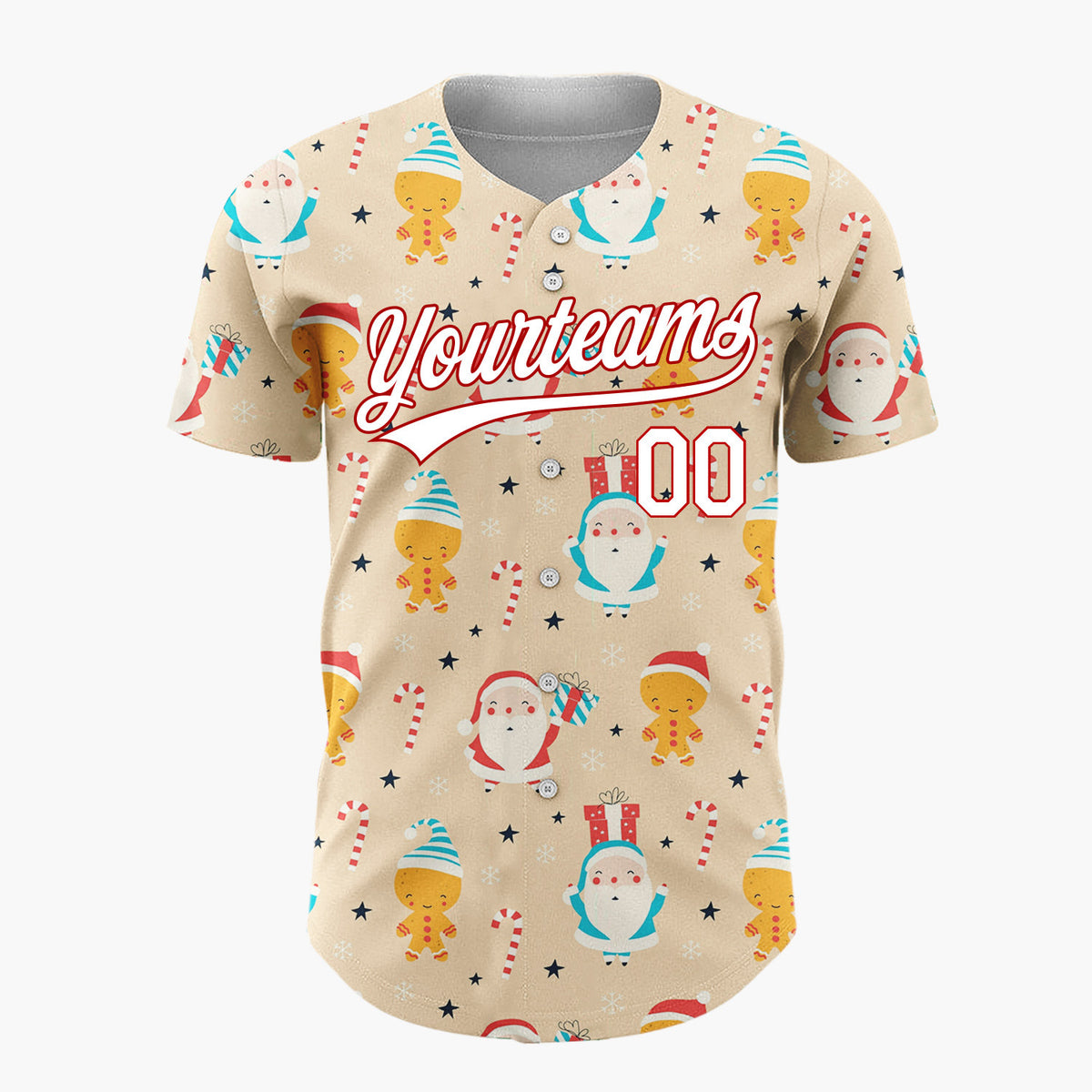 Custom Tan Red Santa Gingerbread Man Candy Cane Christmas Baseball Jersey